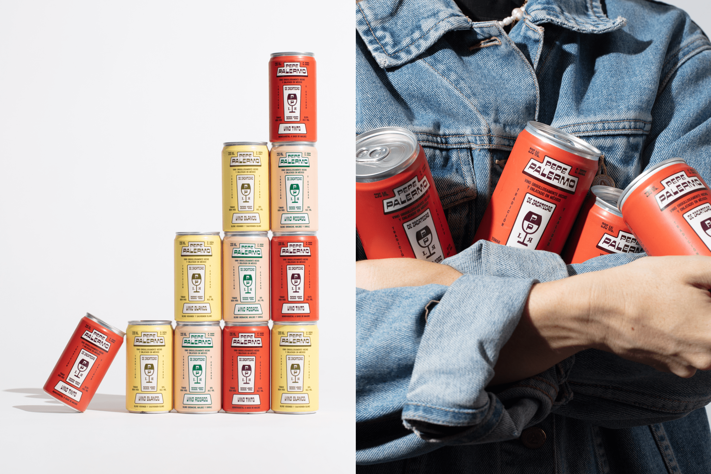 Original photo of person holding red wine cans next to stacked tower of Pepe Palermo cans.