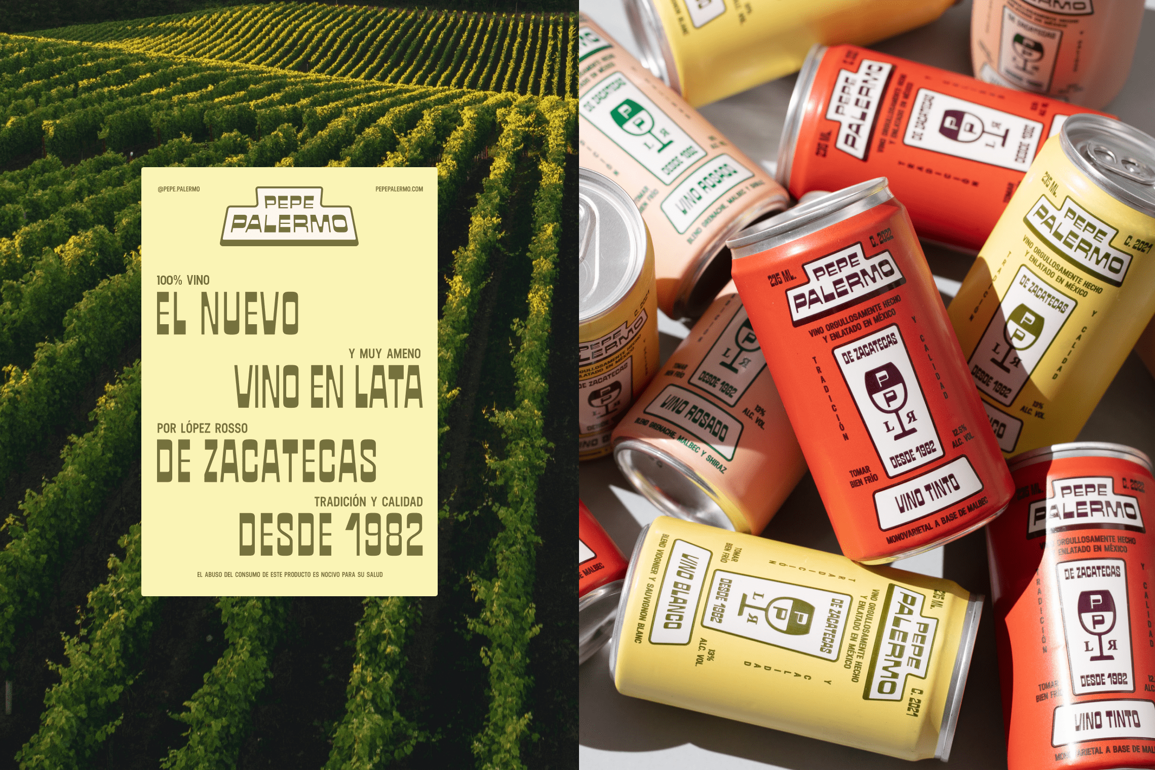 Pepe Palermo canned wine ad with Zacatecas vineyard backdrop and modern packaging inspired by classic labels.