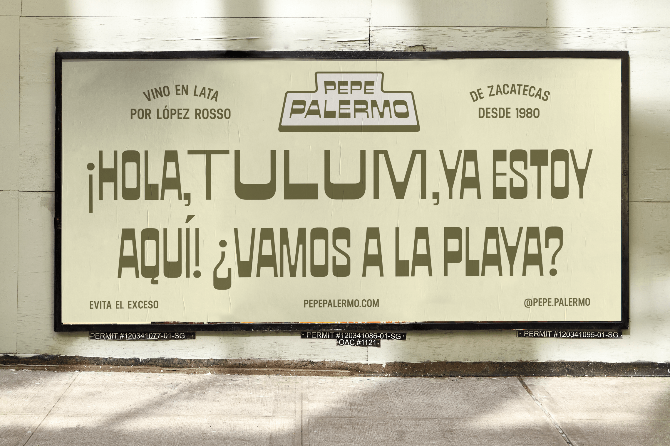 Pepe Palermo billboard designs featuring canned wine and bold hand-lettered style typography.