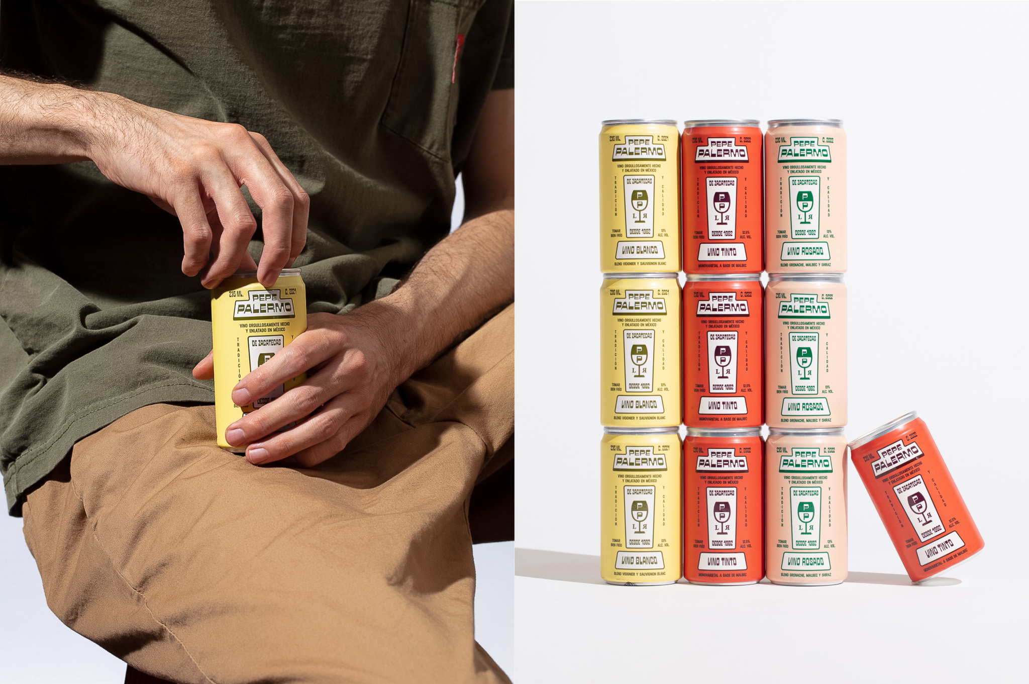 Person holding a Pepe Palermo canned wine next to a colorful tower of cans with hand-lettered typography.