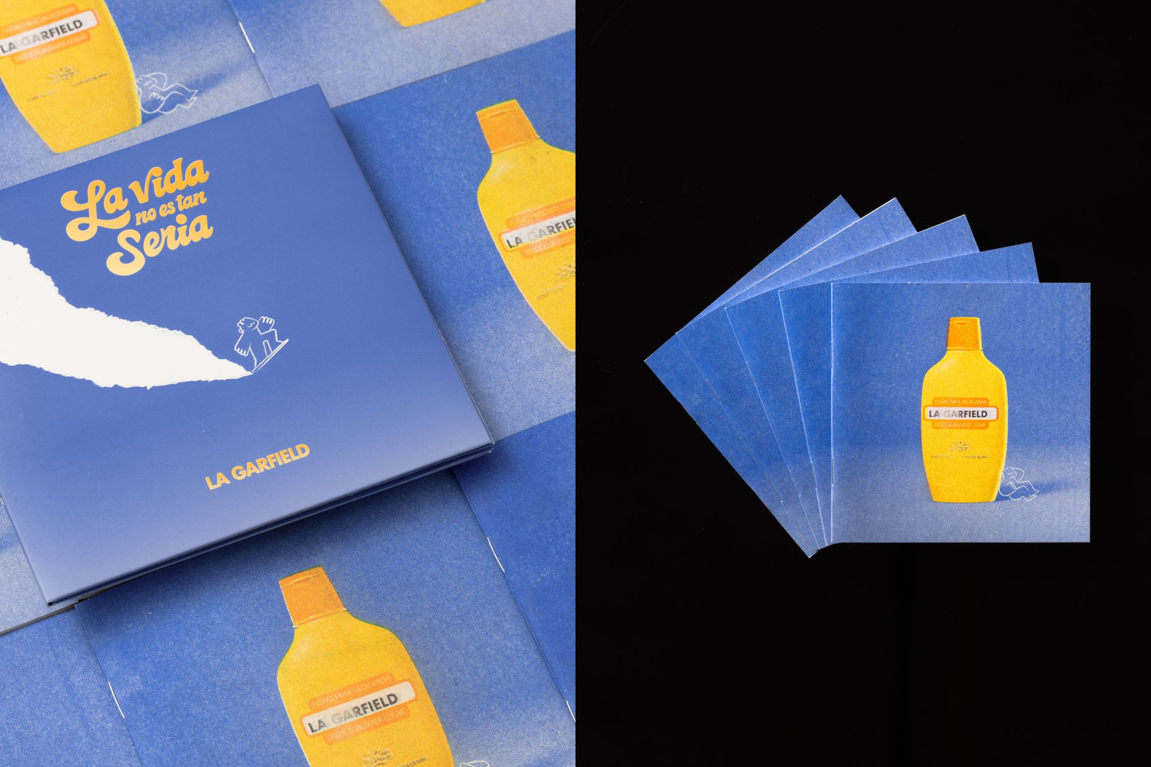 Editorial design in blue tones for La Garfield’s booklet featuring yellow bottle illustration.