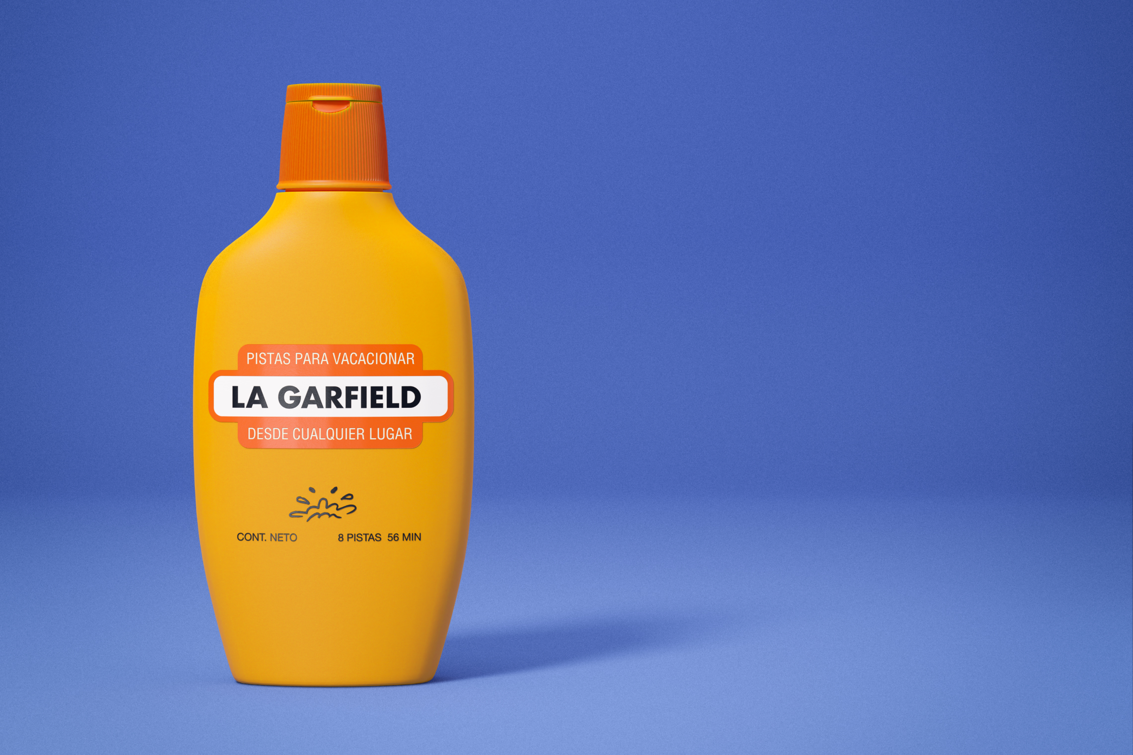 Yellow sunscreen-style container with La Garfield branding on solid blue background.