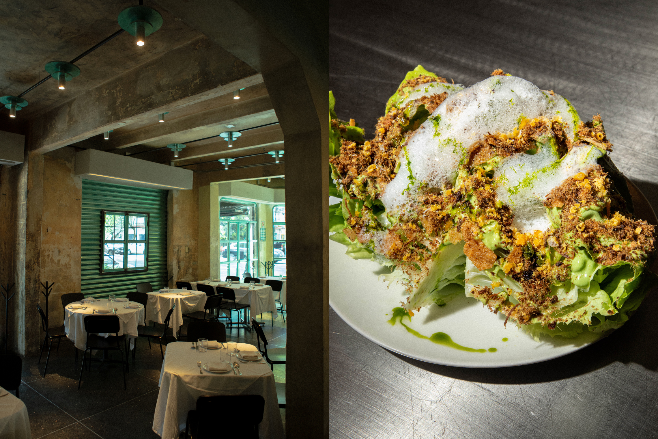 Original photo of fresh salad with foam and toppings, set in industrial-style interior of Voraz.