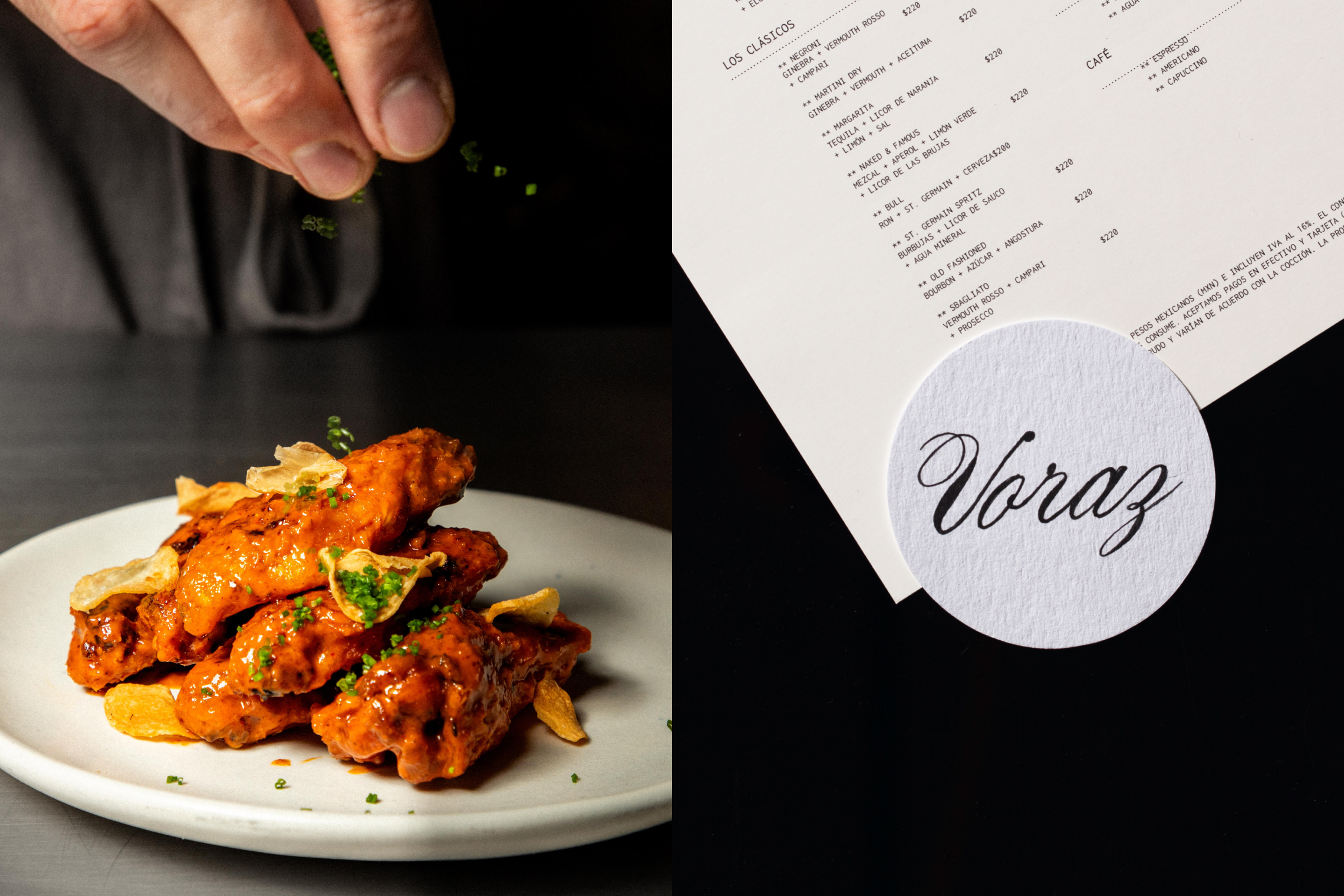 Food styling shot with wings, branded menu, and coaster from Voraz restaurant.