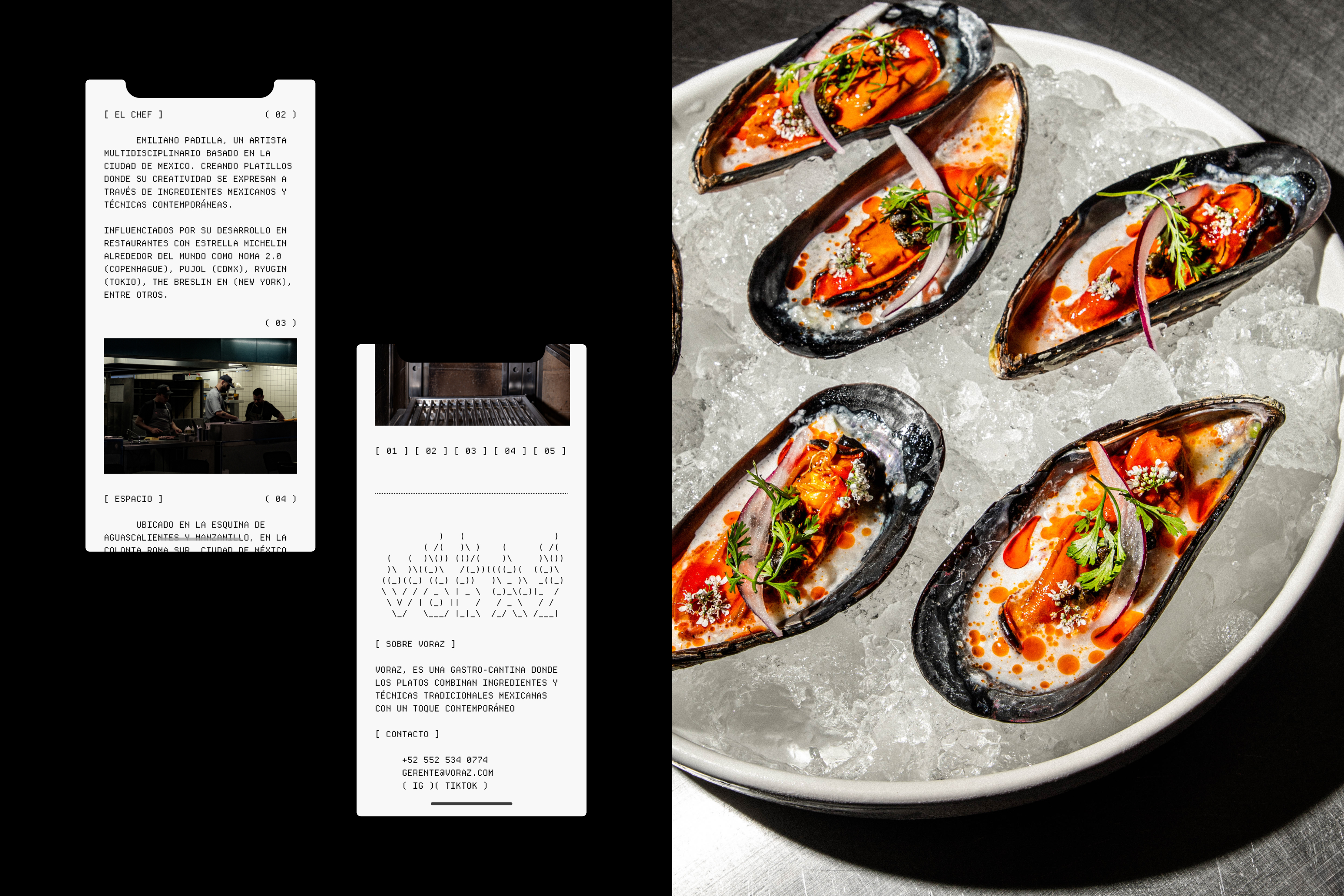 Original photo of mussel dish with mobile UI of Voraz website.
