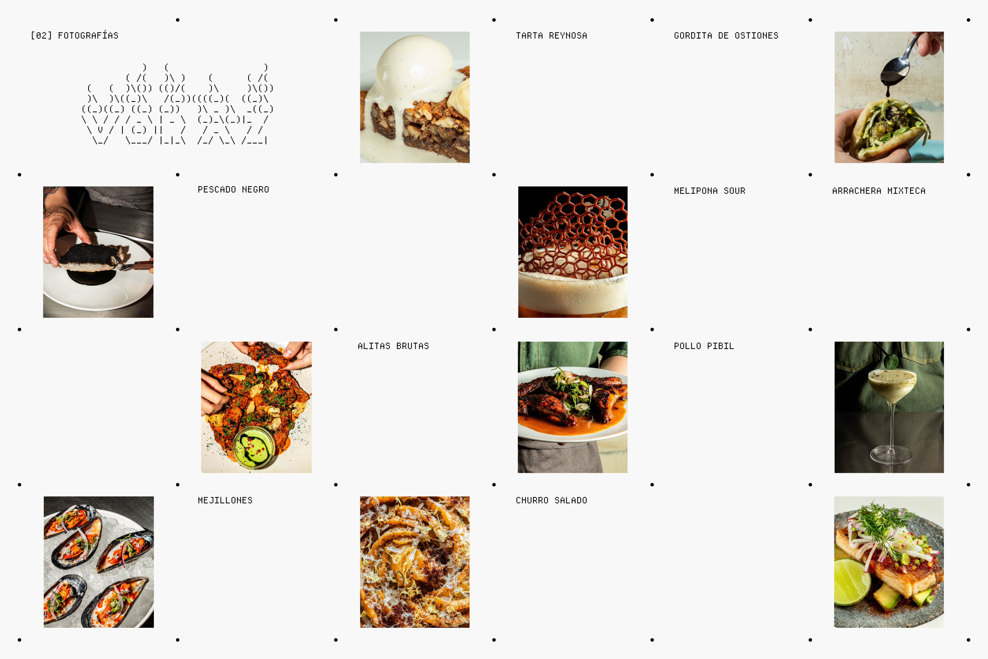 Editorial-style collage for Voraz with bold dishes, ASCII wordmark, and monospaced typography.