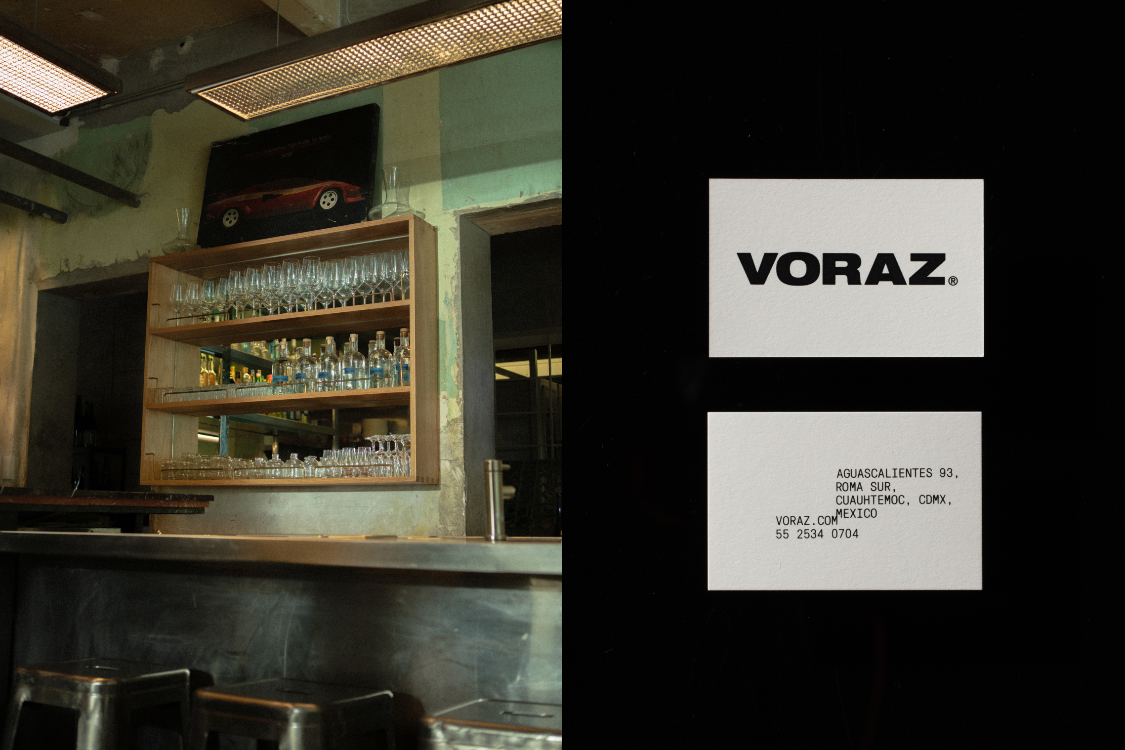 Original interior photo of Voraz restaurant with branded minimalist business cards.