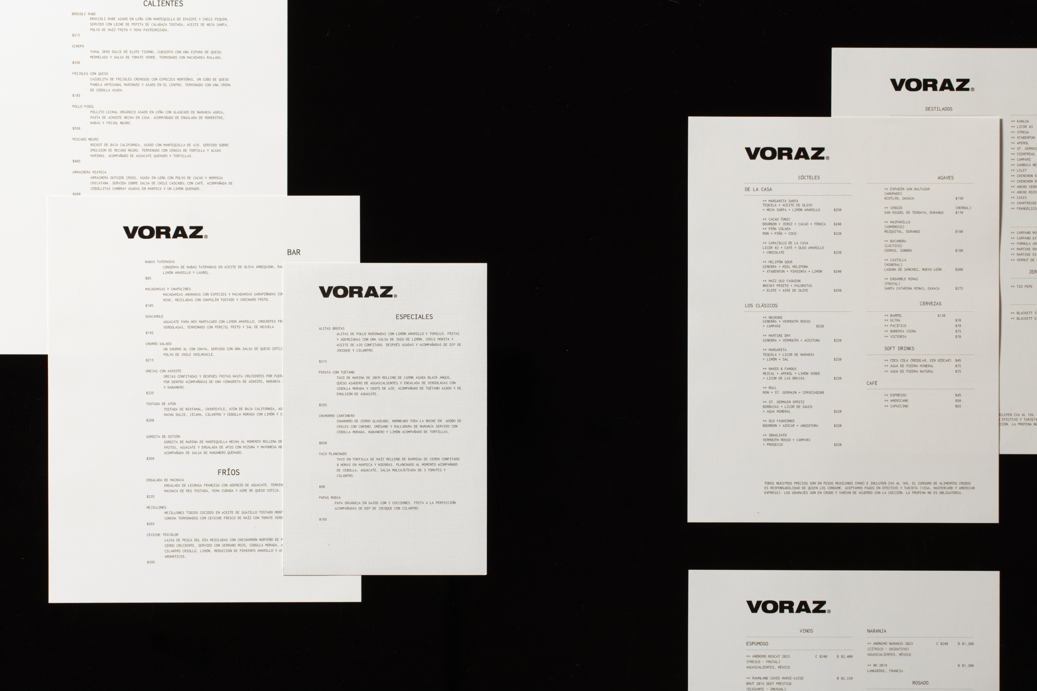 Editorial menu design for Voraz with clean typography and modern look on black background.