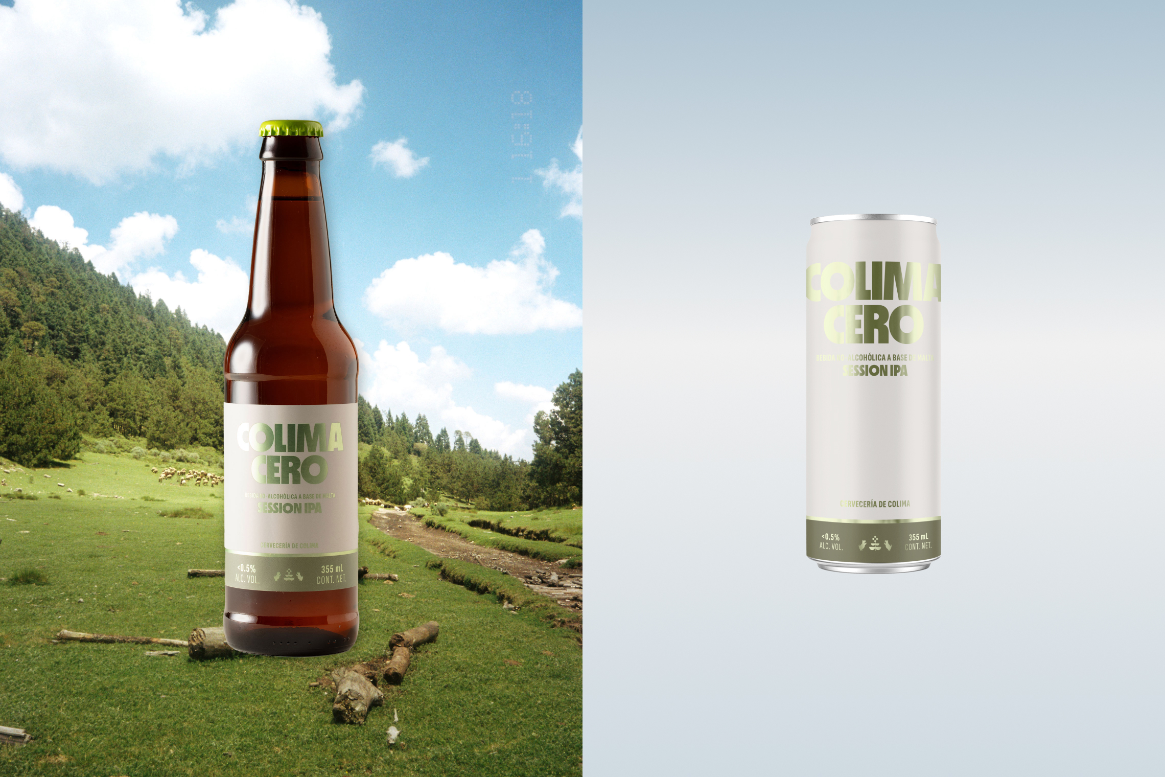 Composition with Colima Cero Session IPA bottle in a natural setting and clean-design can on light background.