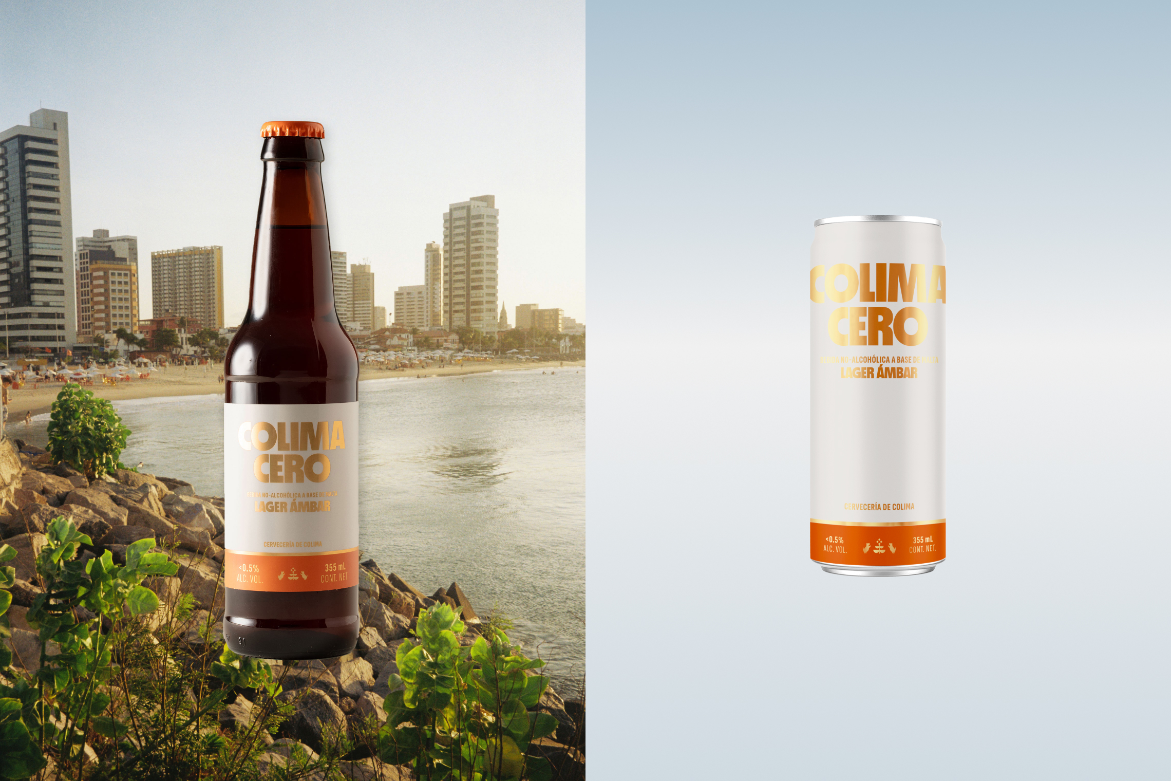 Composition with Colima Cero Lager Ámbar bottle in a beach setting and clean-design can on light background.