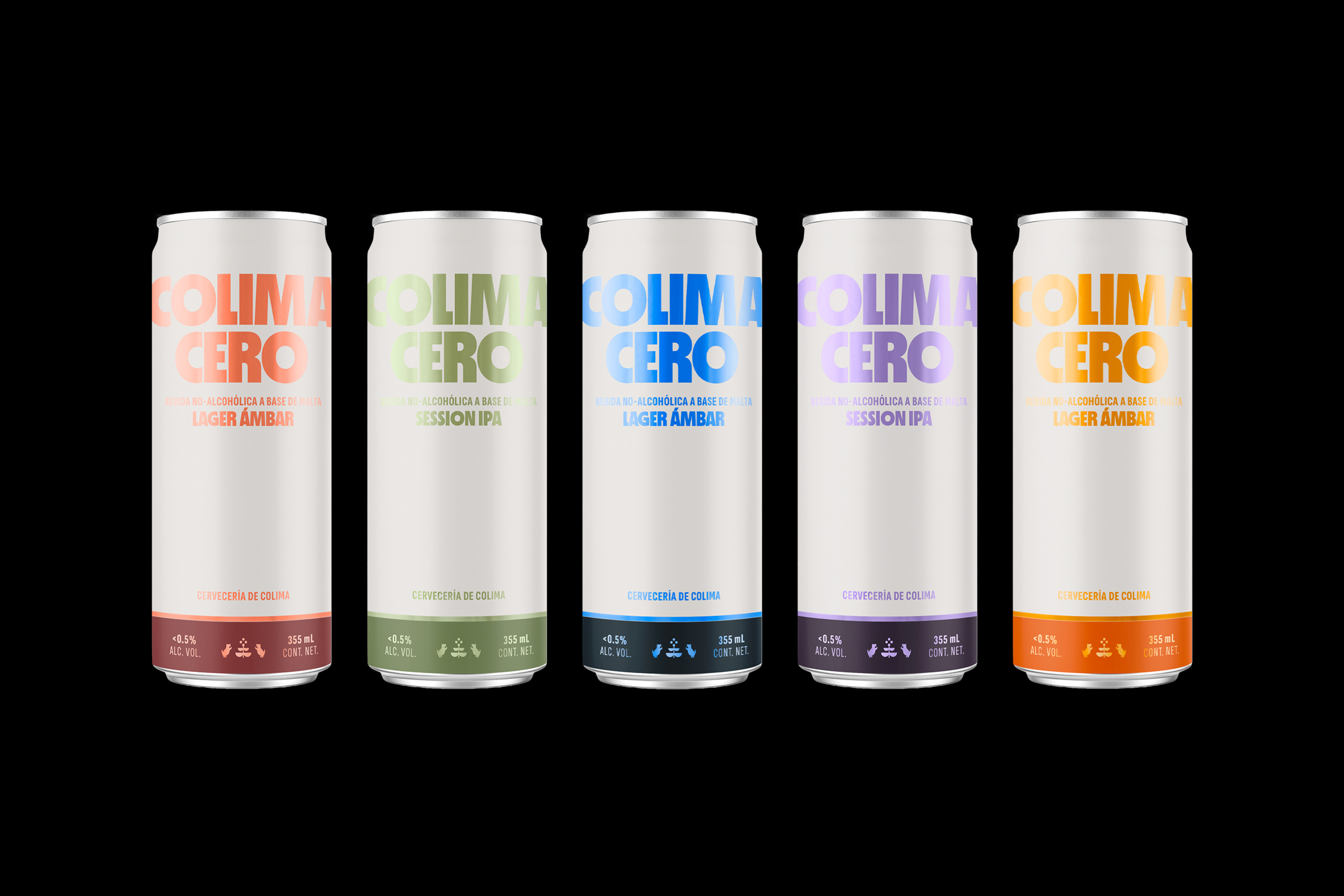 Colima Cero cans aligned horizontally with wordmark in vibrant color variations.