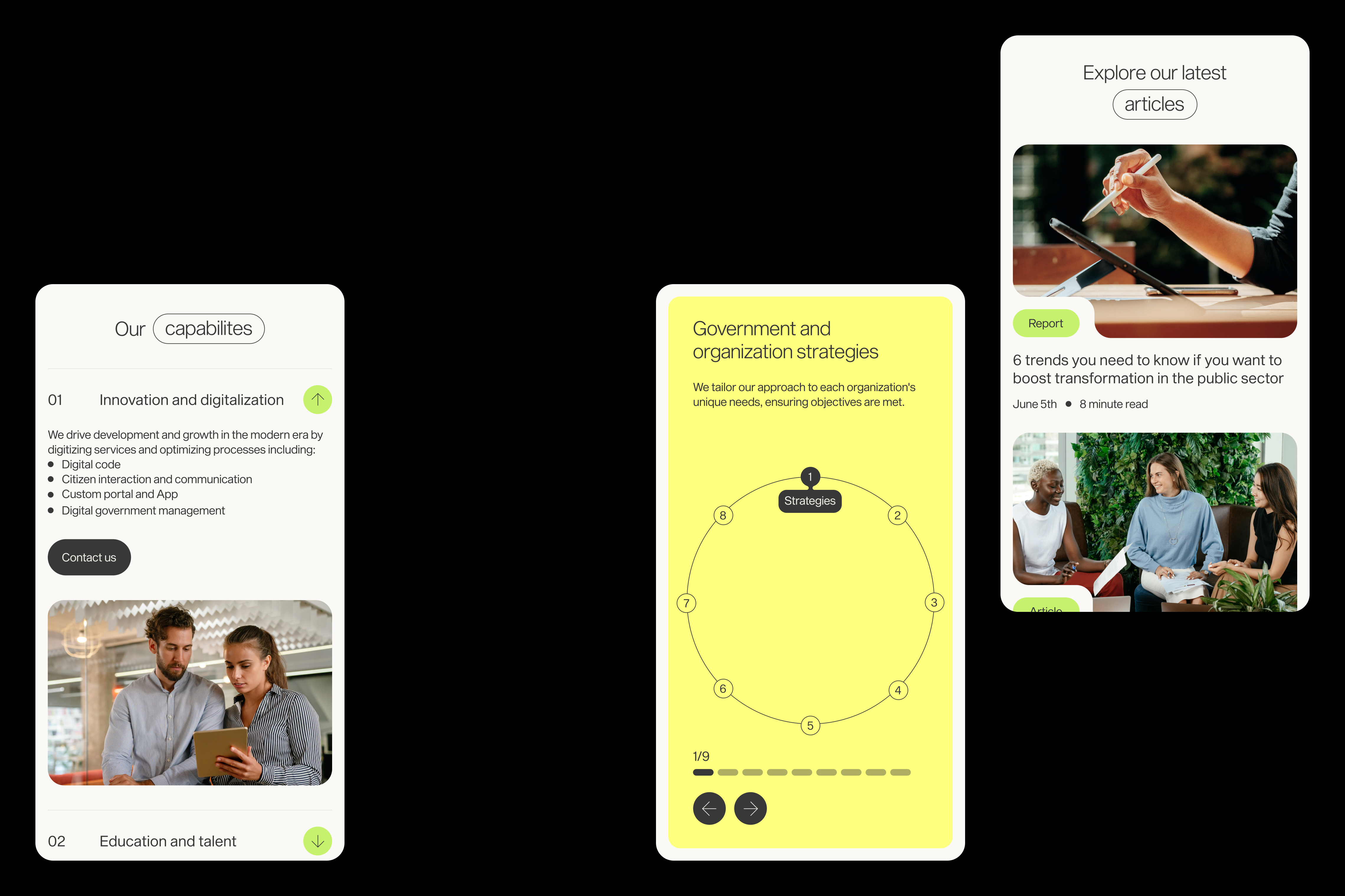 Oakwise mobile UI with responsive layout, modular blocks, and yellow-and-white color scheme.