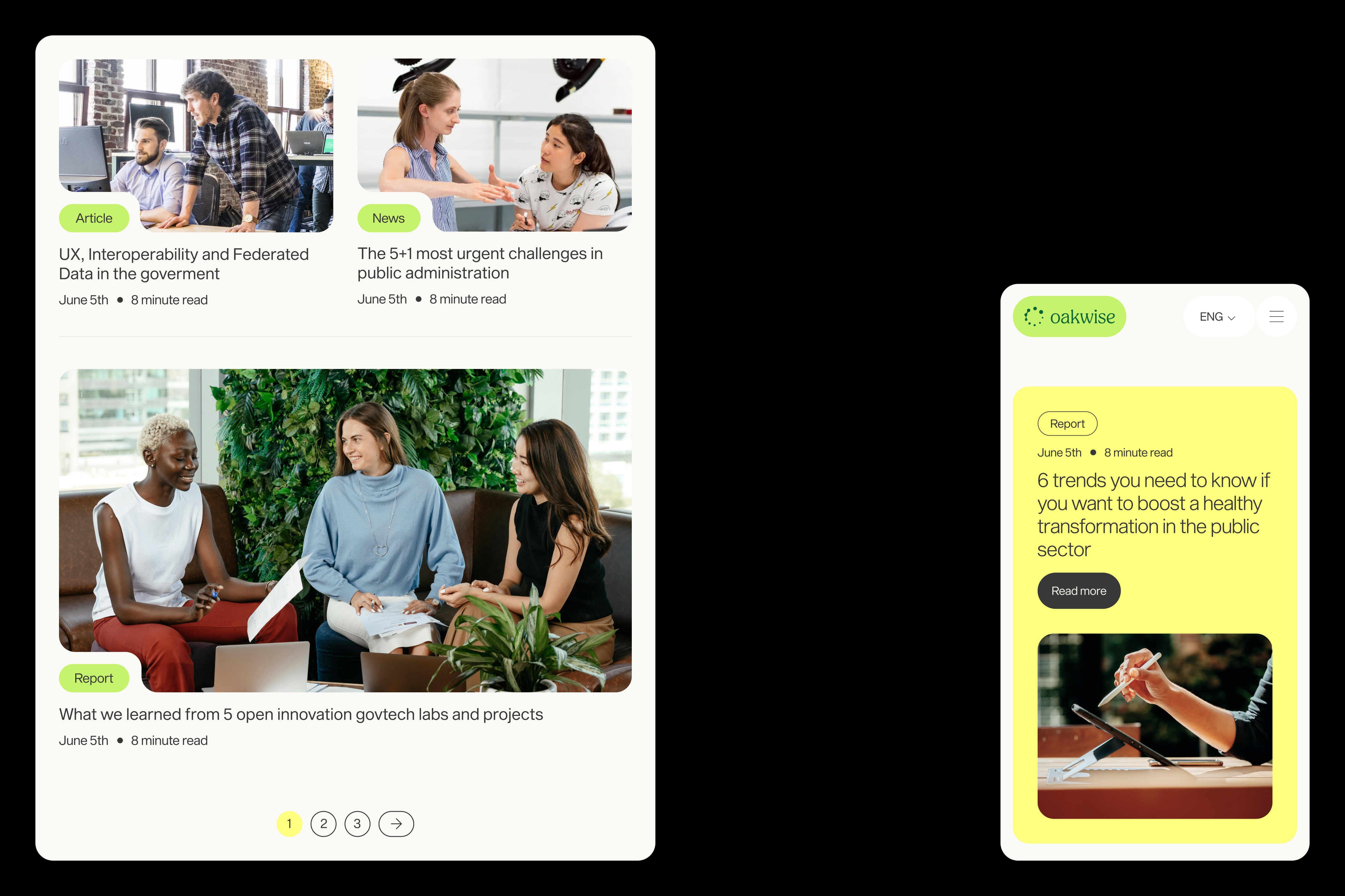 Responsive web interface in white and yellow, shown in desktop and mobile format.