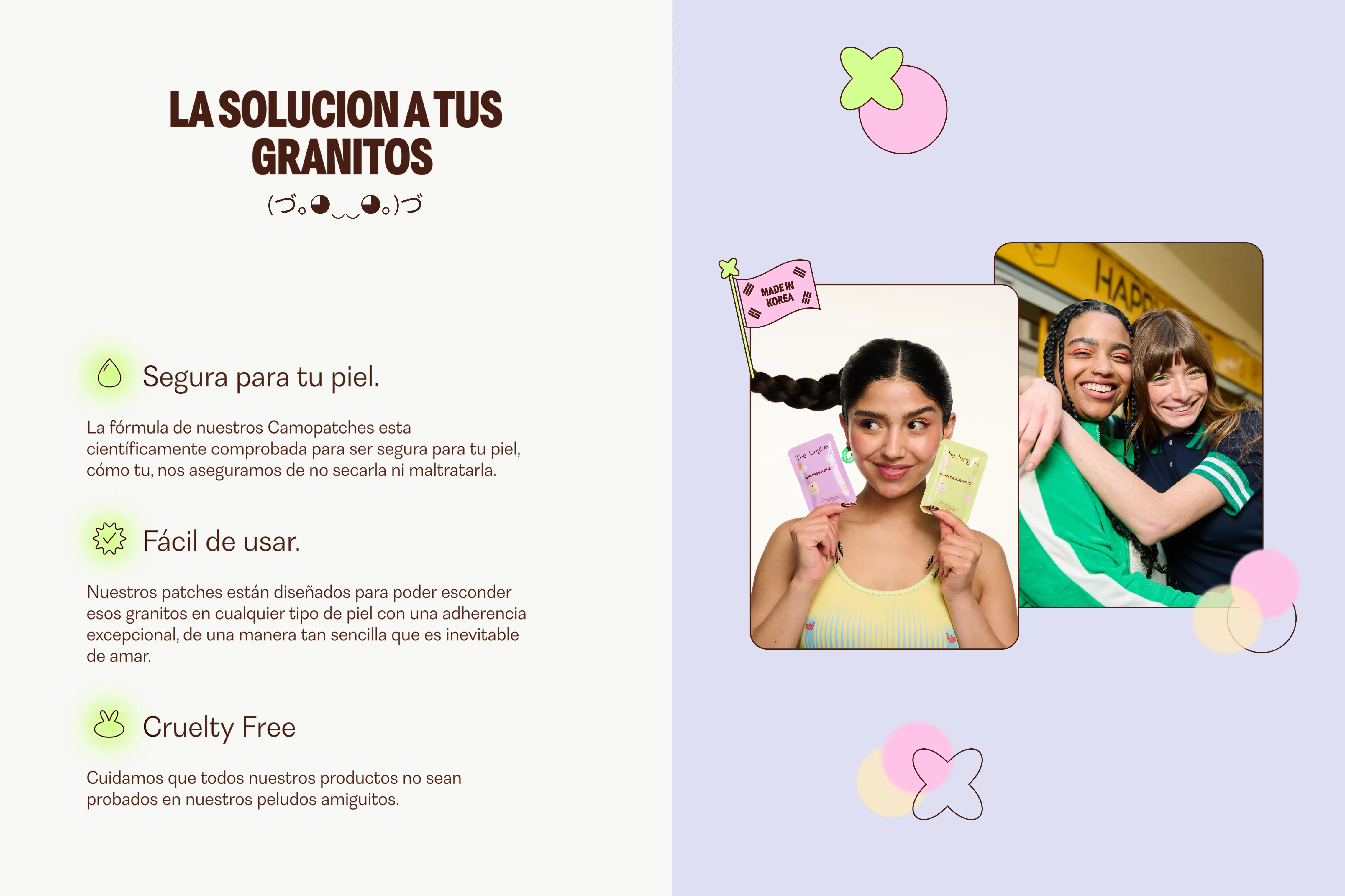 Message “La solución a tus granitos” with product description, geometric illustrations, and photos of people using acne patches.