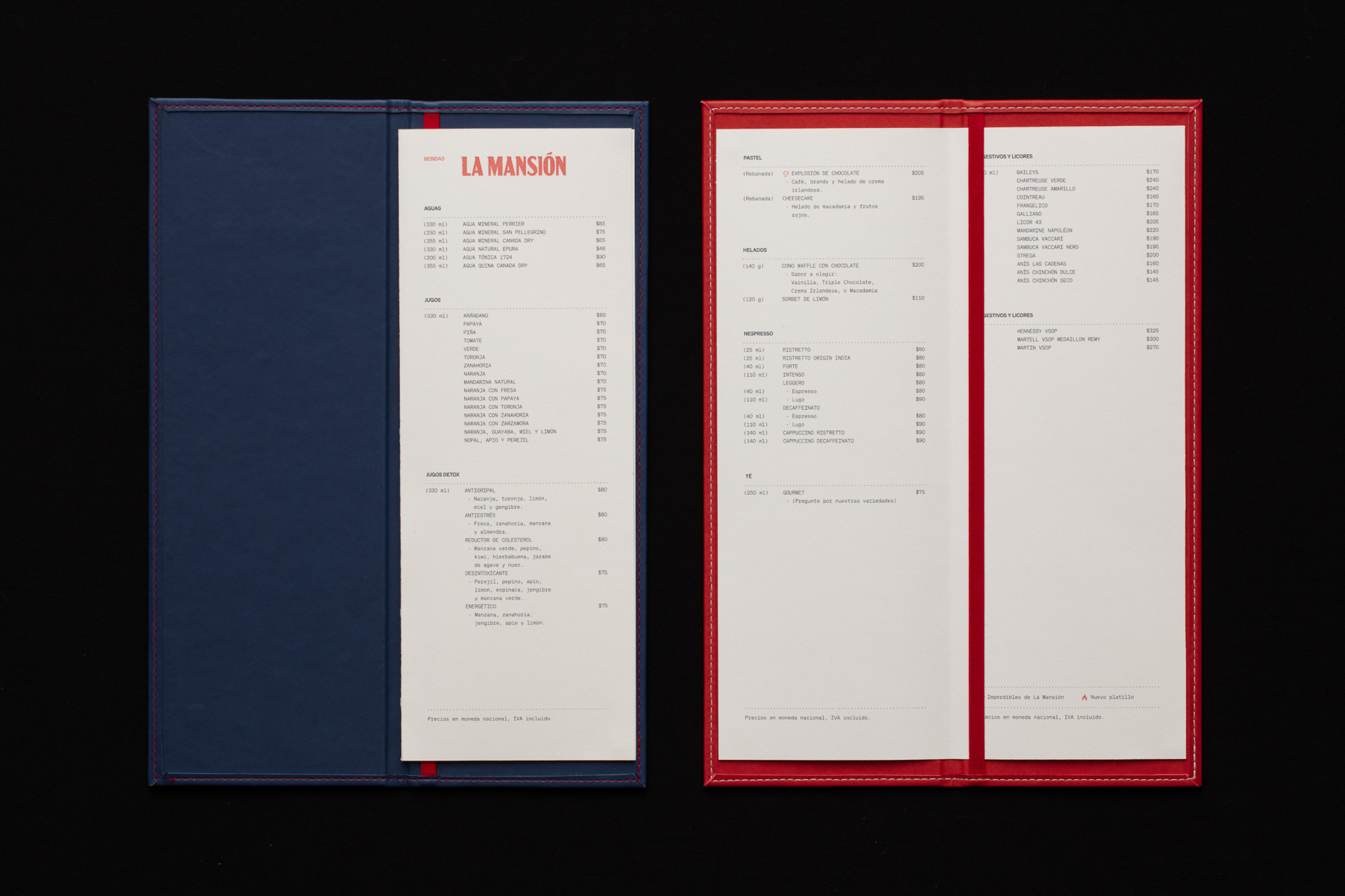 Printed La Mansión menu with monospace type inside blue and red folders.