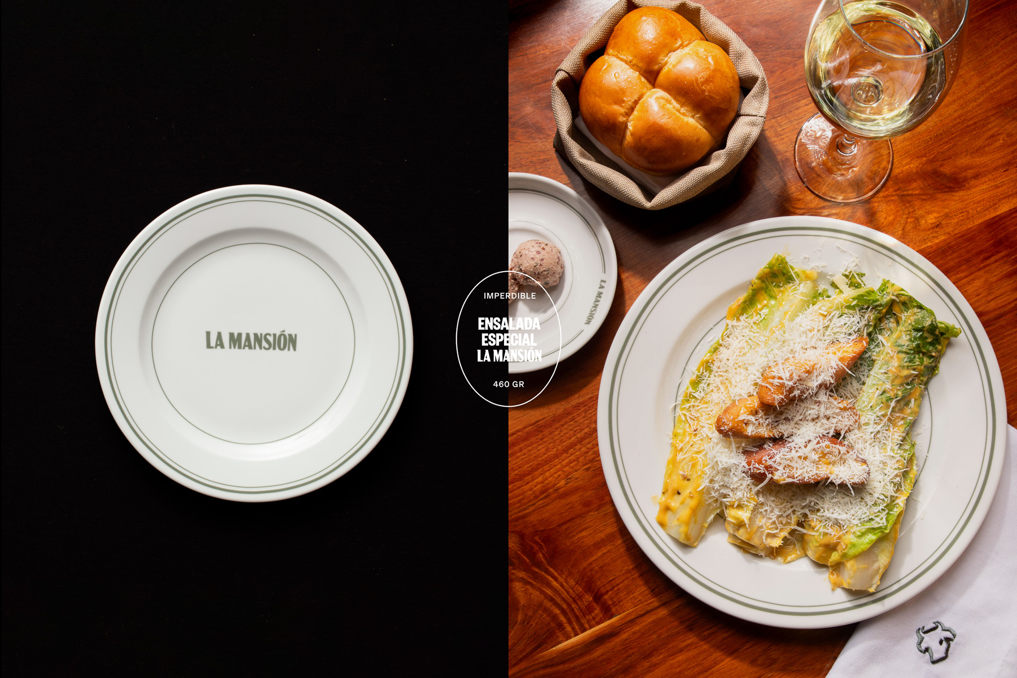 Imagen original que resalta diseño de loza para La Mansión y un platillo servido en madera de tonos cálidos.