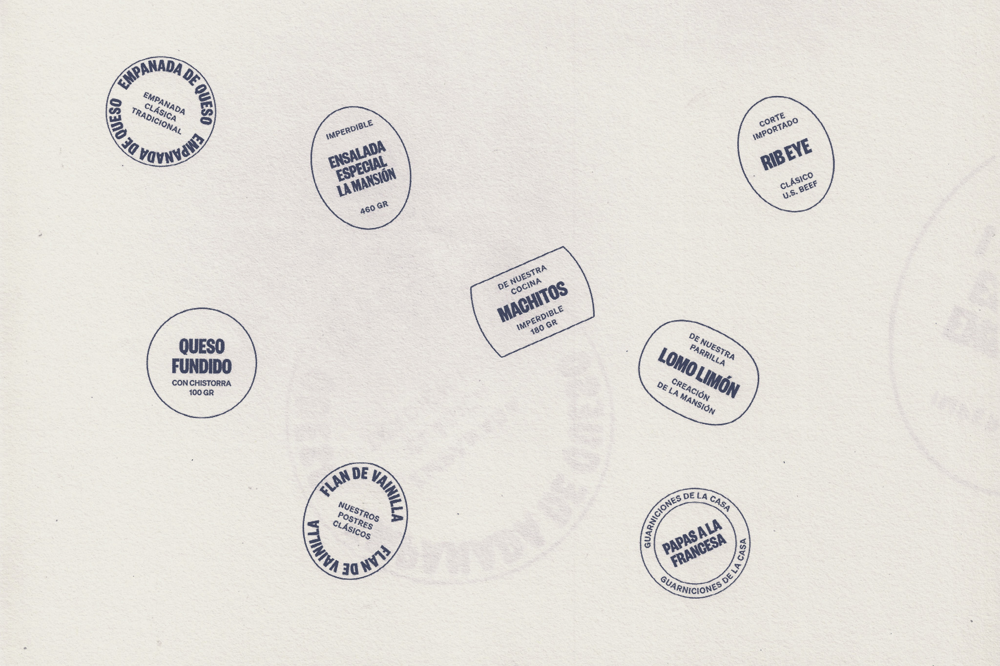 Typographic stamp composition with La Mansión dish names.