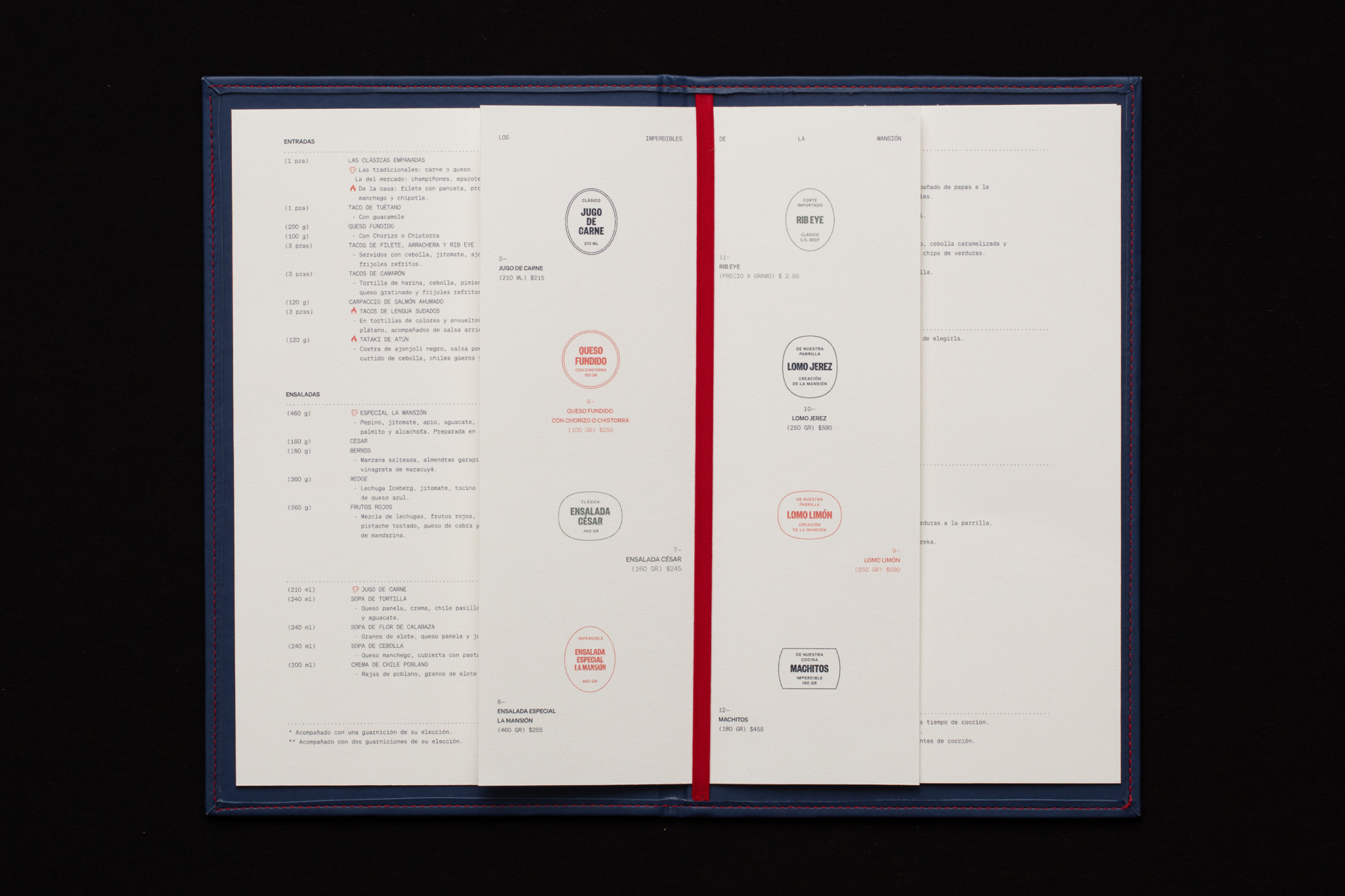 La Mansión menu featuring dish names in typographic stamps and neatly organized sections.