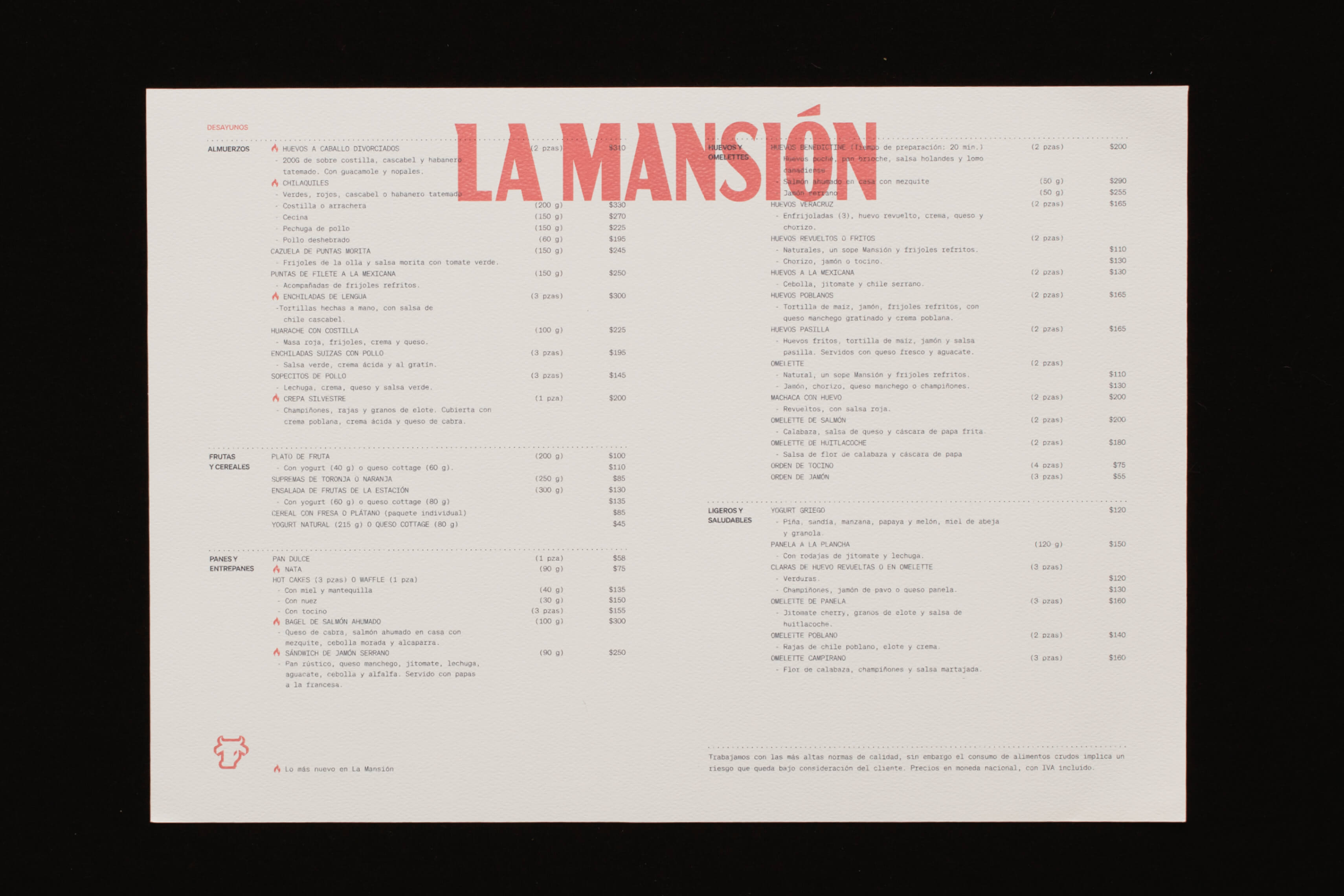 Placemat-style menu from La Mansión with red logo over light background.
