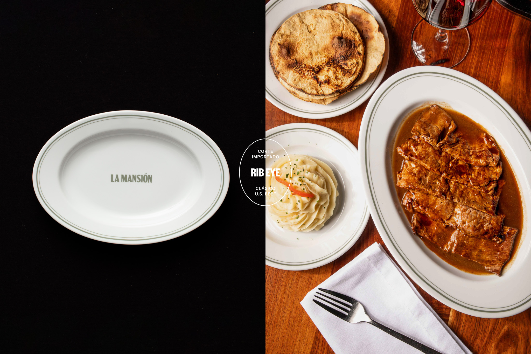 Imagen original que resalta diseño de loza de La Mansión y fotografía de platillo fuerte servido en tonos cálidos.