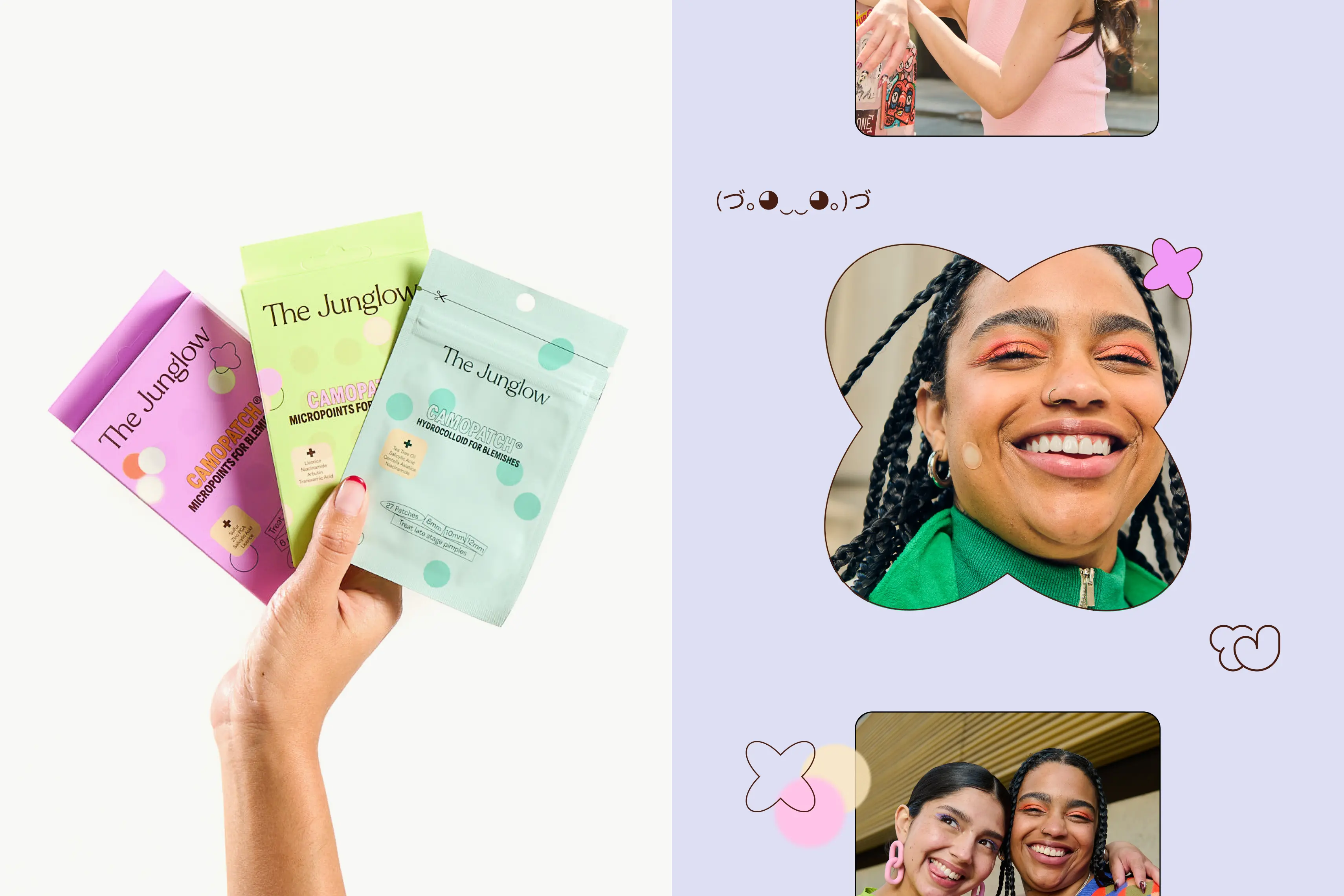 Dynamic layout featuring The Junglow packaging and expressive portraits.