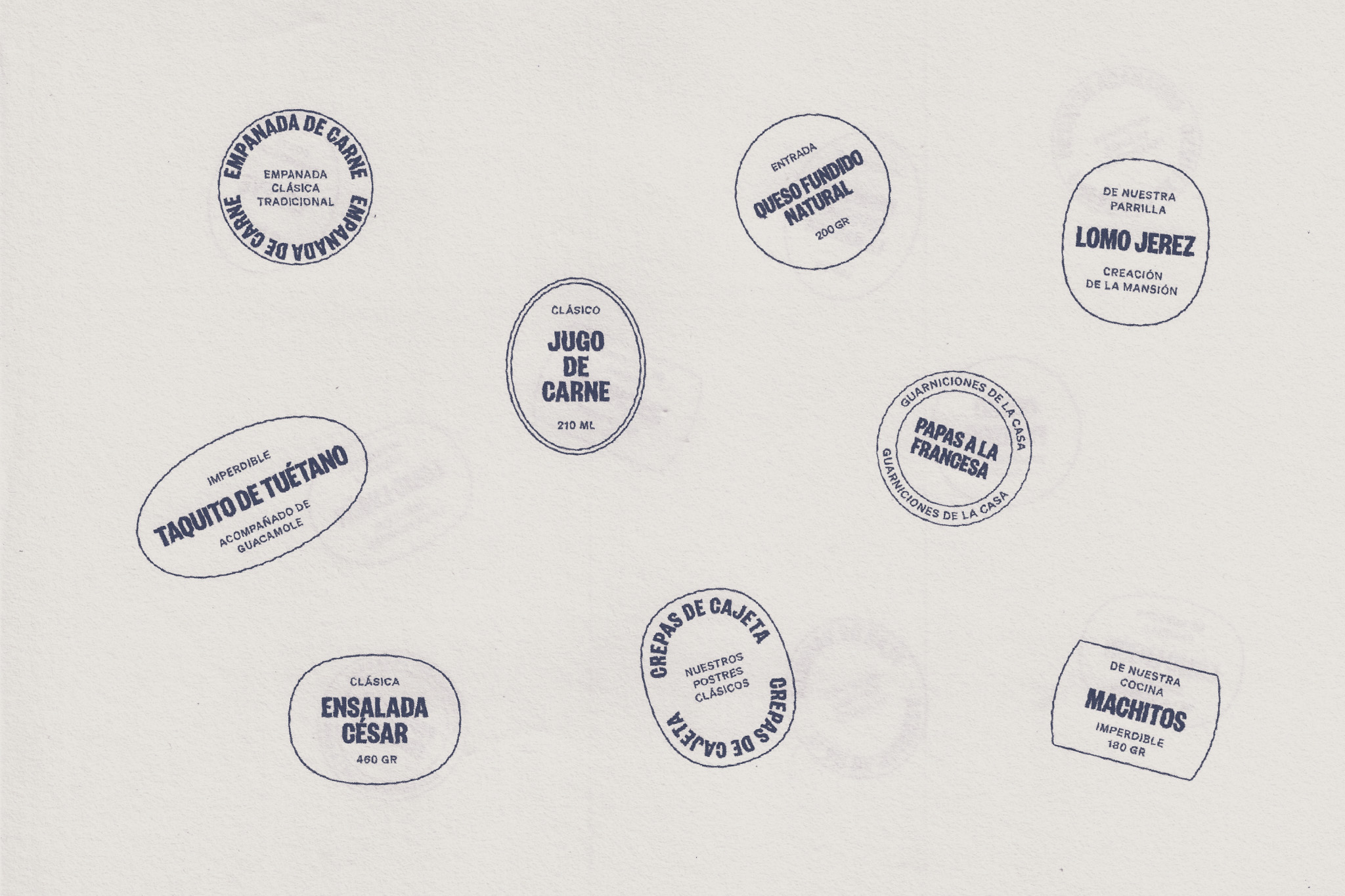 Typographic stamp composition with La Mansión dish names.
