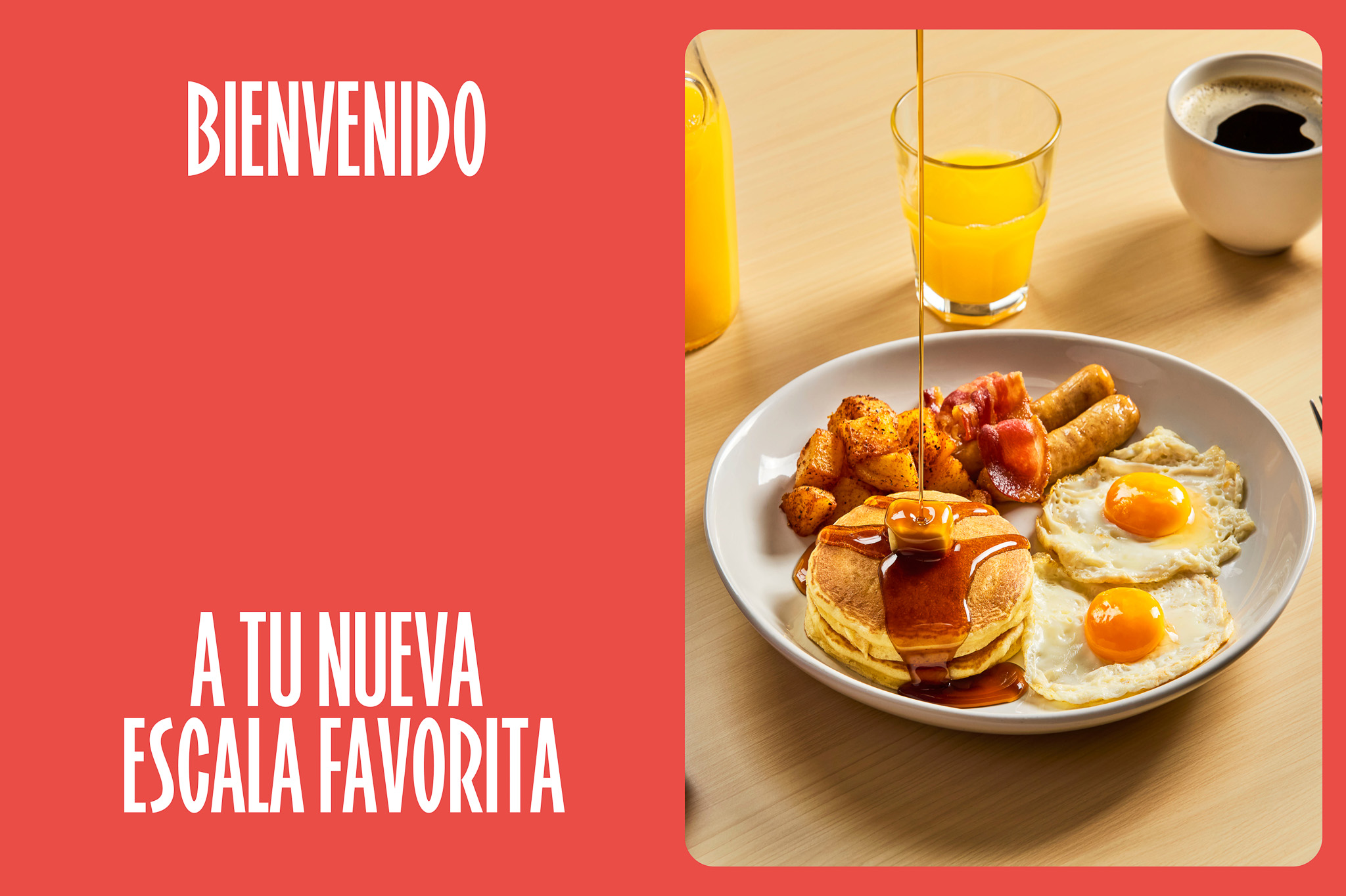 “Bienvenido a tu nueva escala favorita” with a breakfast photo: pancakes, eggs, and coffee.