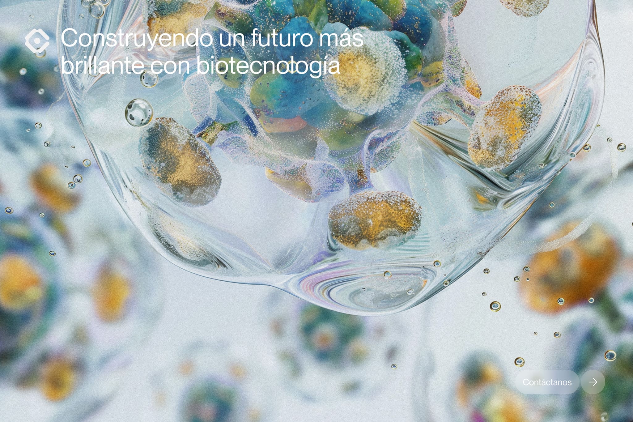 “Construyendo un futuro más brillante con biotecnología” over abstract cell texture background.