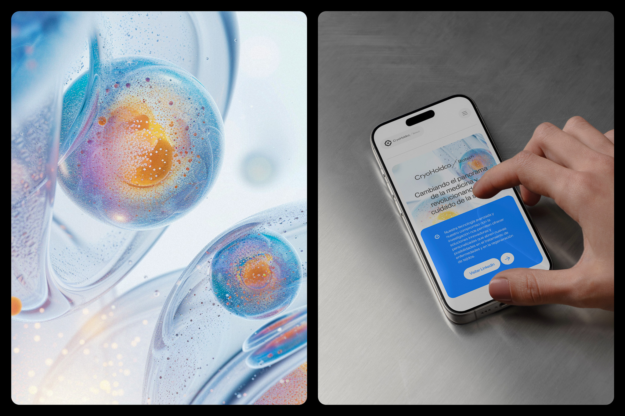 CryoHoldco mobile website mockup with clean UI and abstract cell texture.