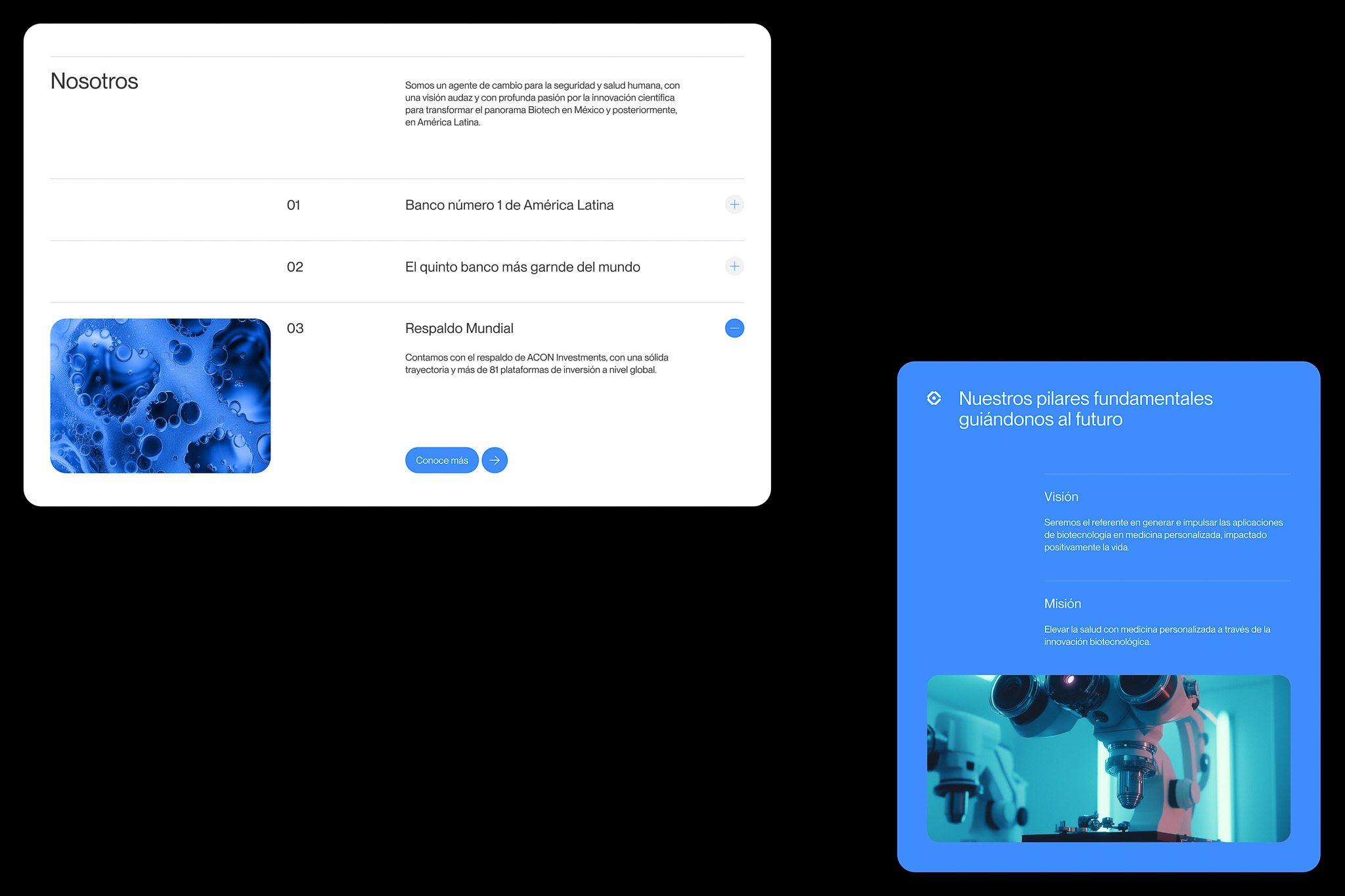 Interfaz web minimalista con componentes UI en blanco y azul.