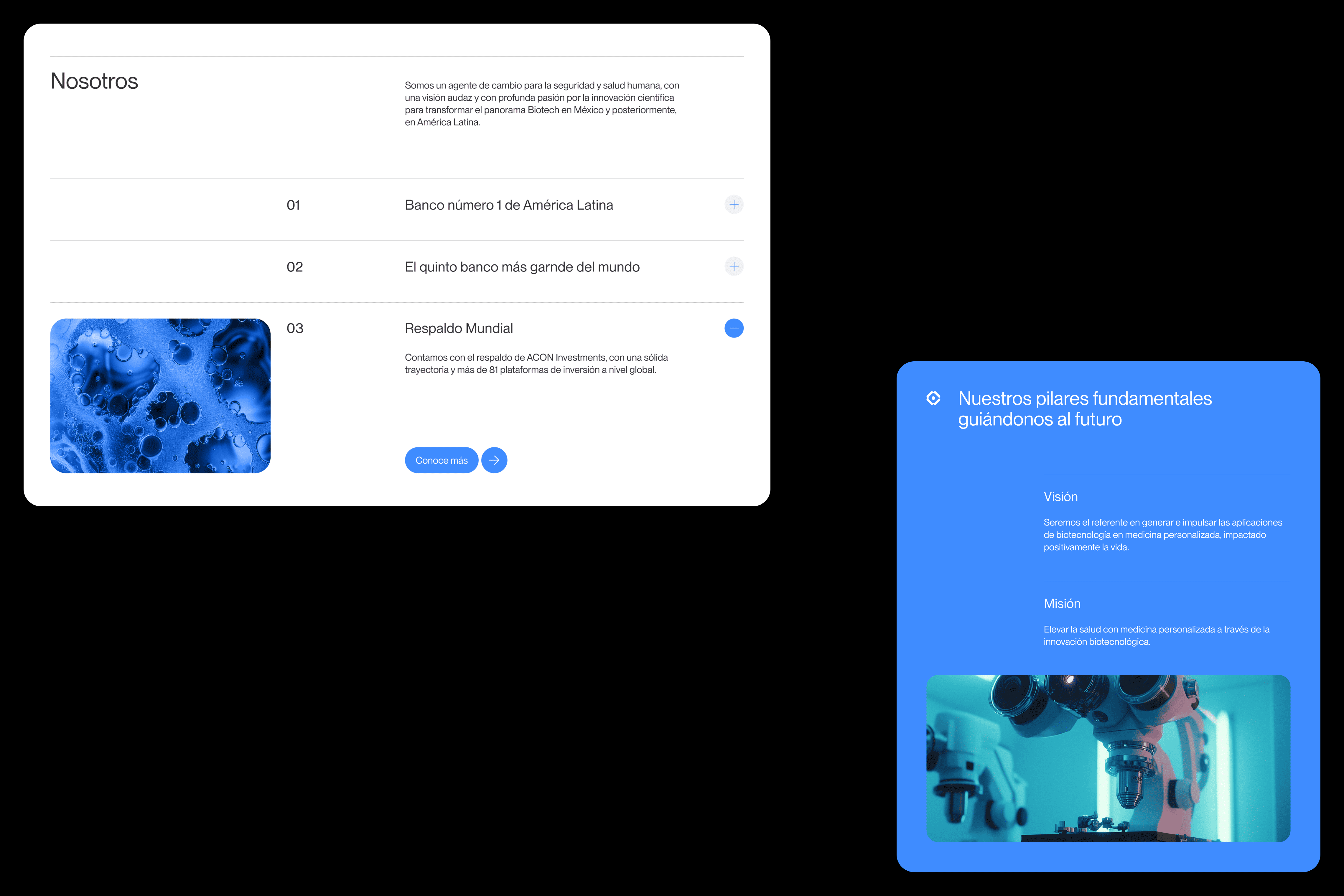 Minimalist web interface with white and blue UI components.