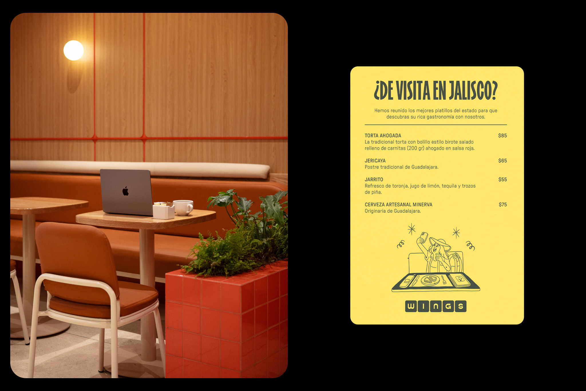 Original photo of contemporary furniture with yellow graphic design for food menu.