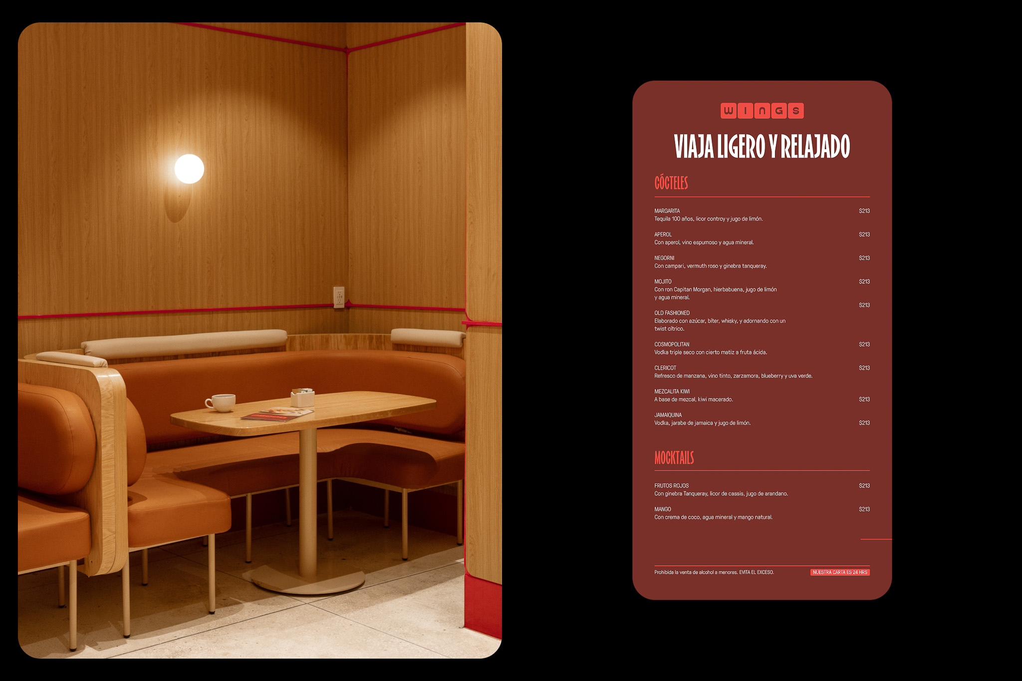 Red-toned cocktail menu with original interior photo and modern booth with warm finishes