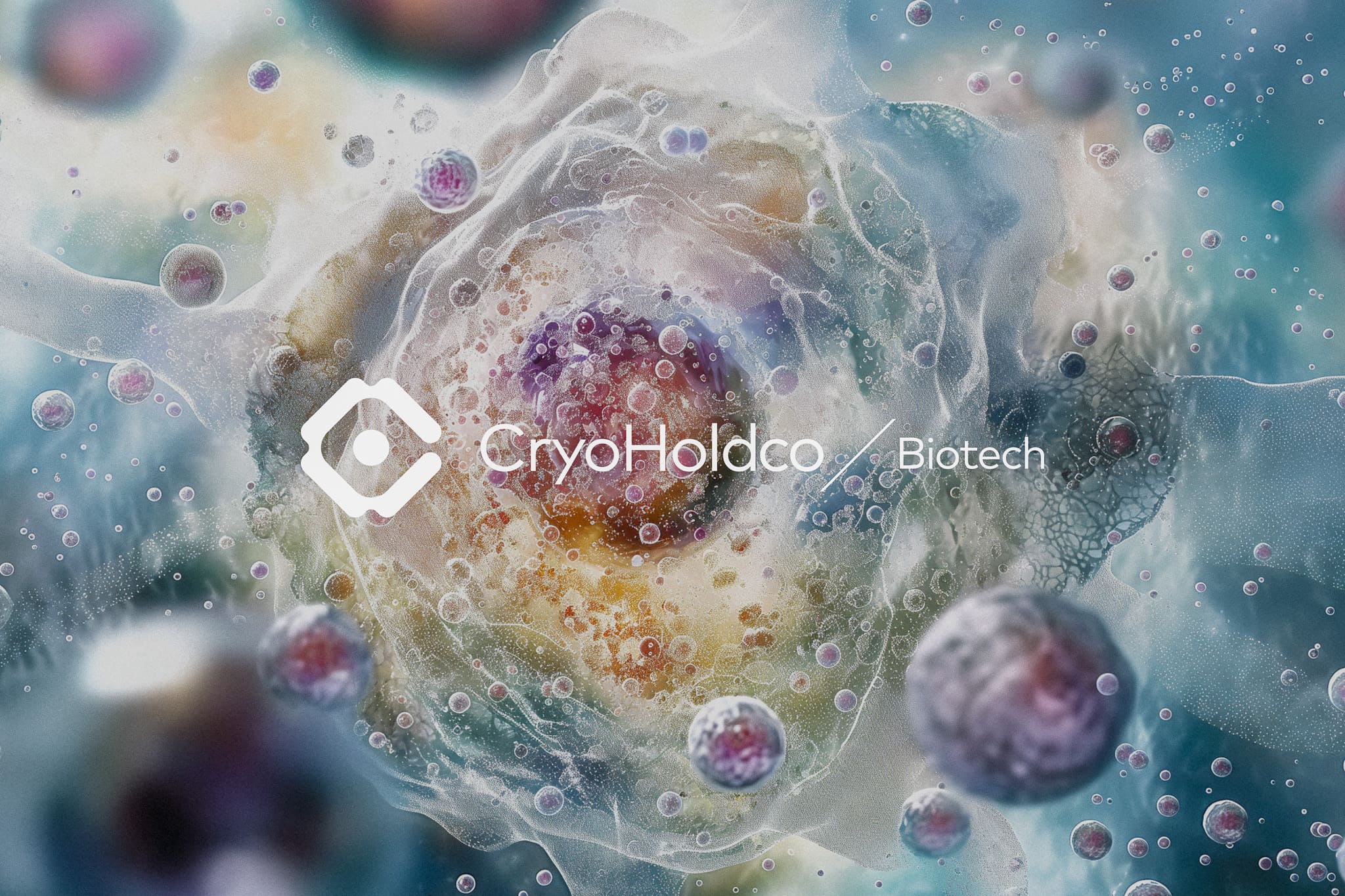 CryoHoldco / Biotech wordmark over abstract cell texture background.