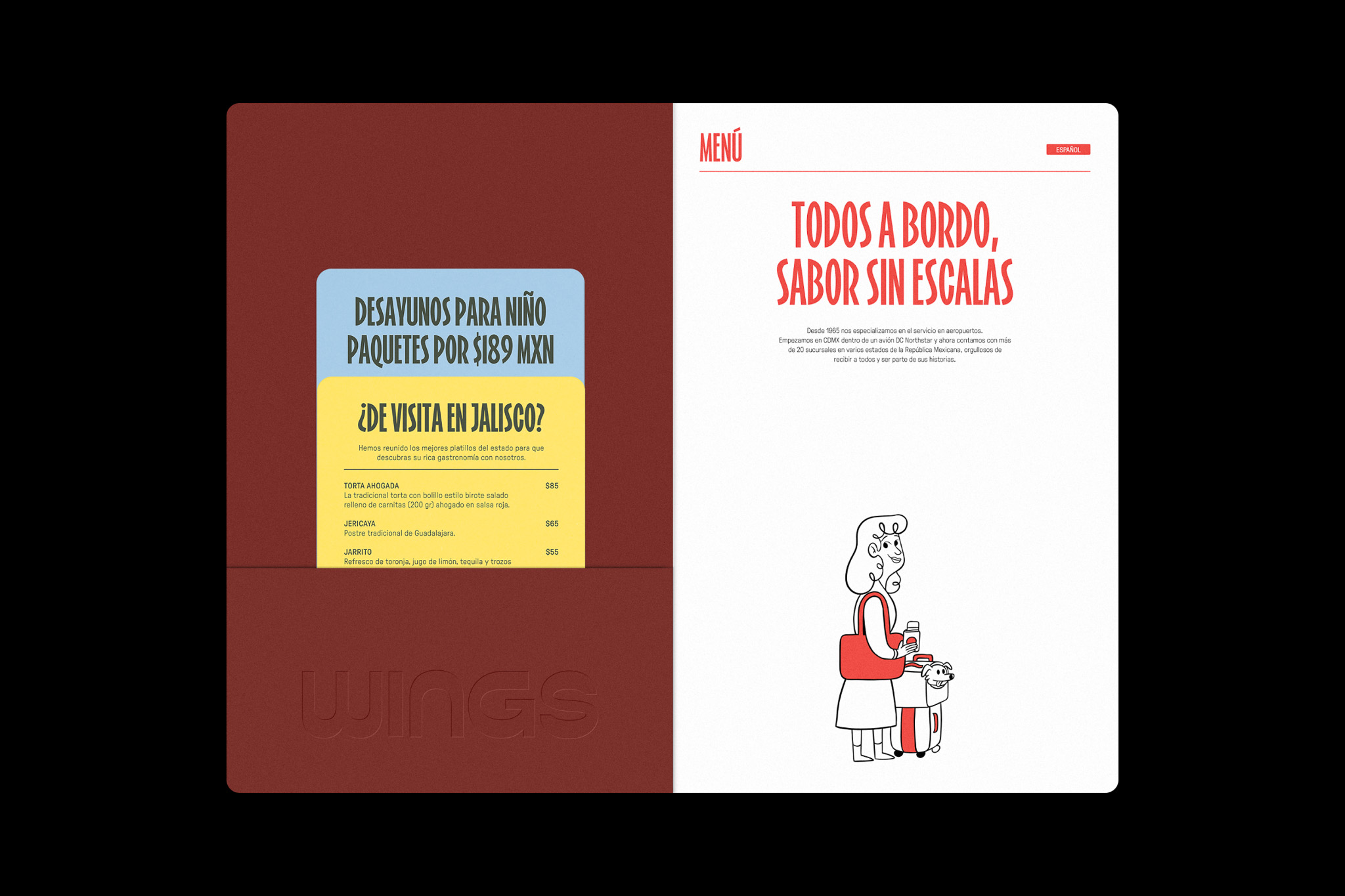 Airport restaurant menu design with the message “Todos a bordo, sabor sin escalas” and illustration.