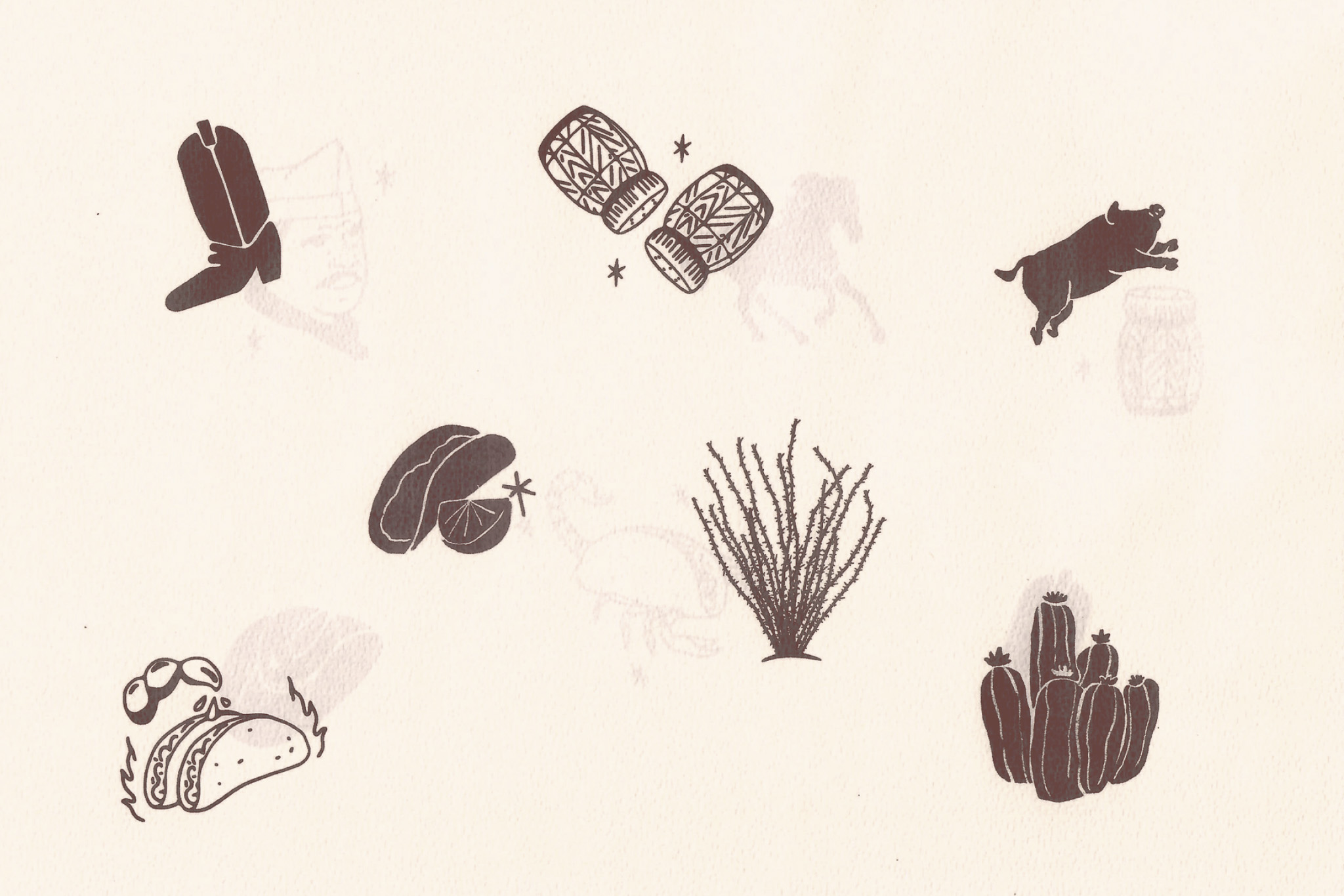 Earth-toned minimalist illustrations inspired by Northern Mexico for Taquería Desterrados visual system.