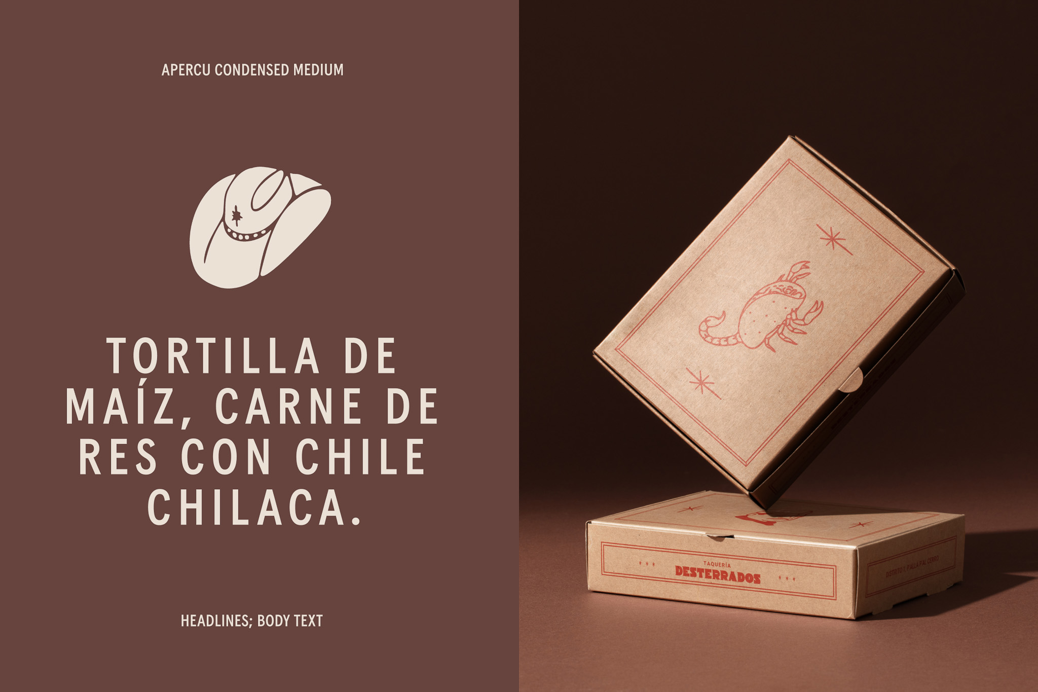 Caja para delivery con ilustración de alacrán y wordmark de taquería Desterrados.