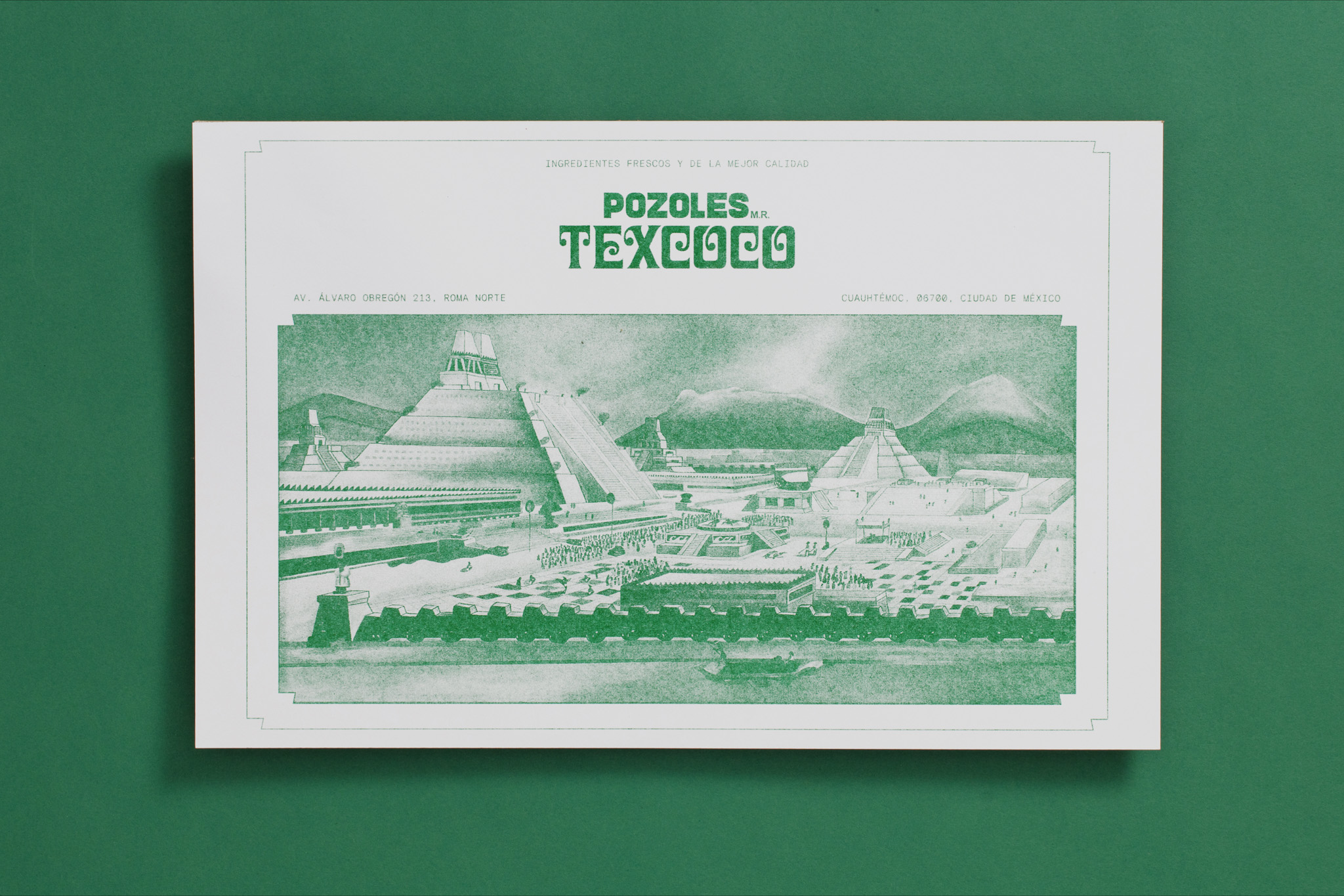 Placemat-style menu with green ink illustration of pre-Hispanic pyramids and centered Pozoles Texcoco wordmark.