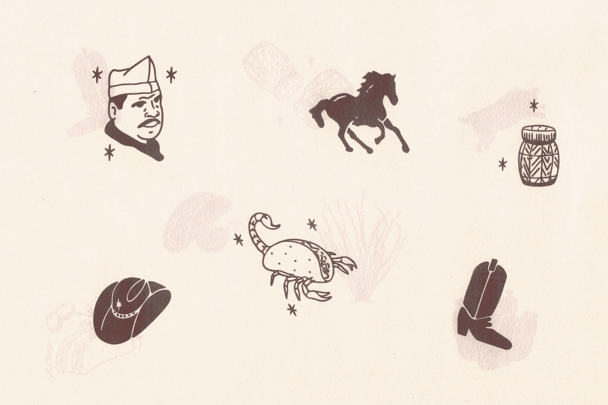 Earth-toned minimalist illustrations inspired by Northern Mexico for Taquería Desterrados visual system.