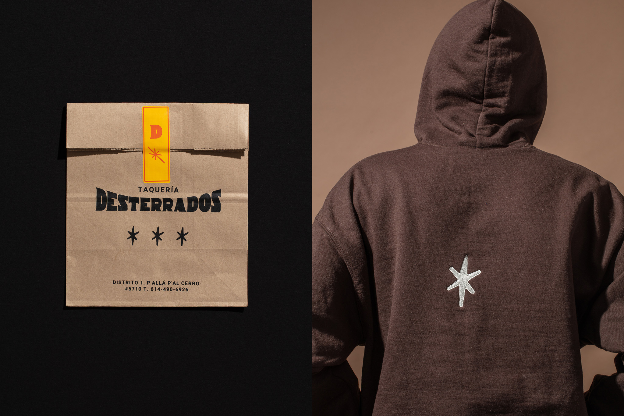 Kraft delivery bag with Taquería Desterrados wordmark and back of hoodie featuring embroidered icon.