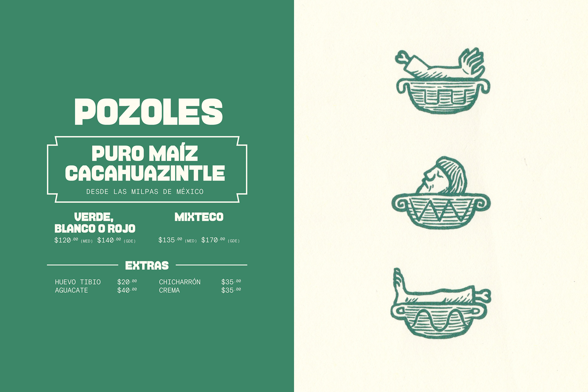 Editorial menu design for Pozoles Texcoco with bold sans and monospaced typography, green palette, and pre-Hispanic inspired illustrations.