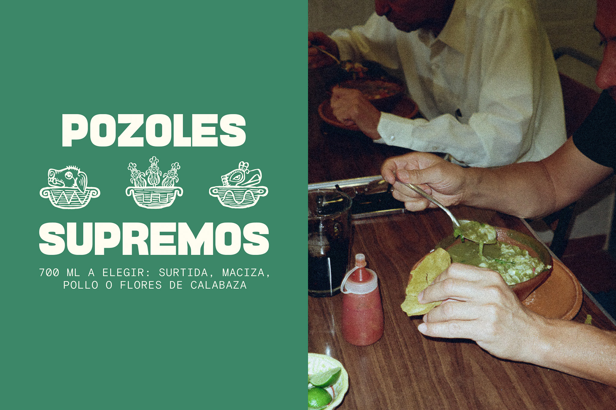 Typographic lockup with pre-Hispanic inspired illustrations on green background next to analog photo of diners.