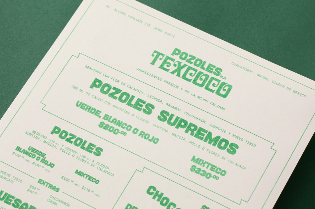 Printed menu for Pozoles Texcoco featuring green visual identity and bold sans with monospaced type.