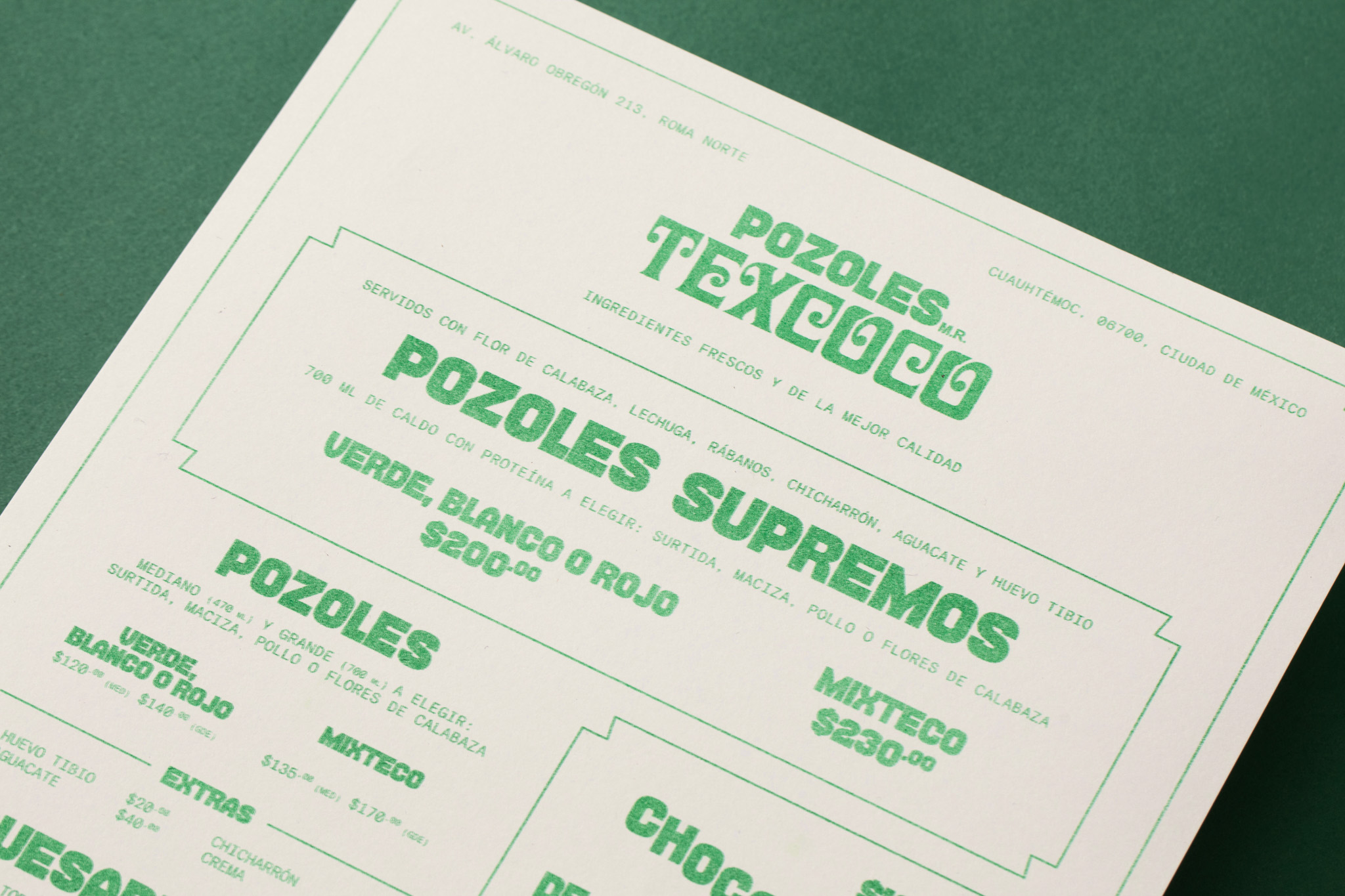 Printed menu for Pozoles Texcoco featuring green visual identity and bold sans with monospaced type.