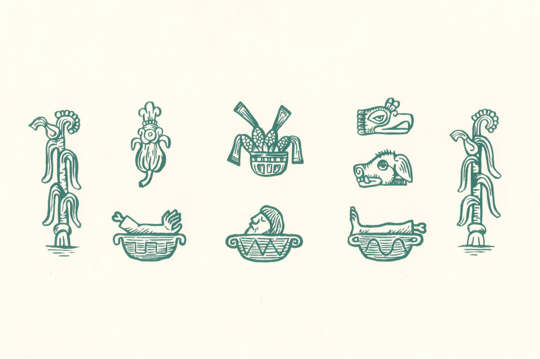 Green illustration composition with corn, animals, and human figures inspired by pre-Hispanic art for Pozoles Texcoco brand identity.